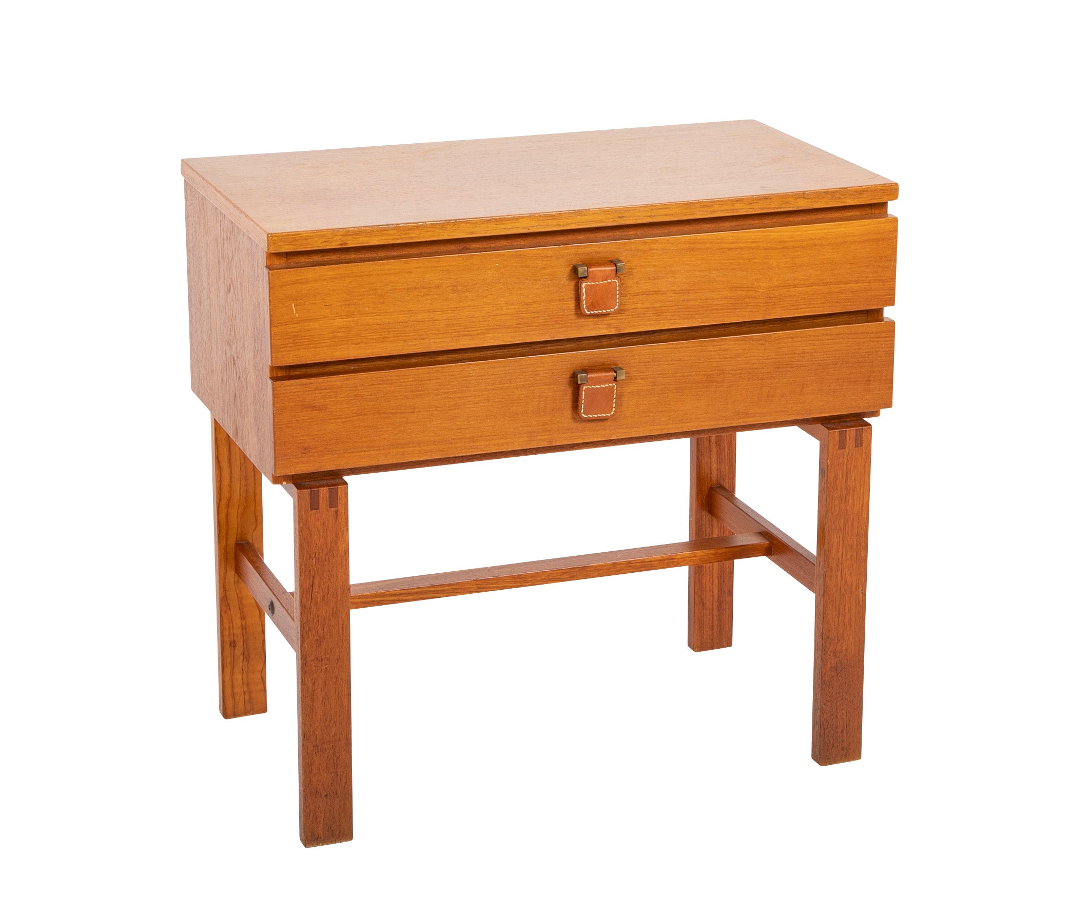 Mid-Century Mahogany Two Drawer Side Table with Leather Pulls