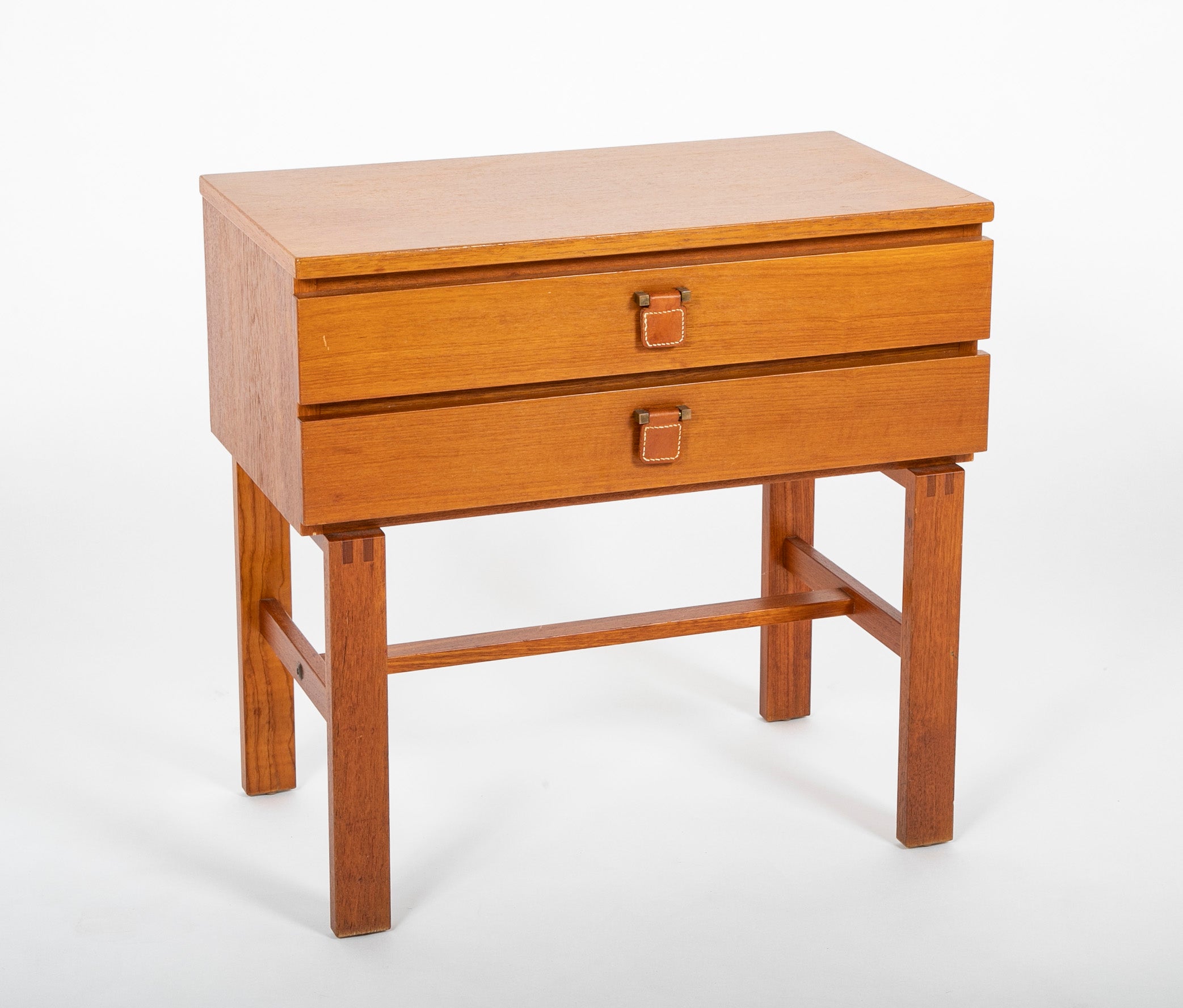 Mid-Century Mahogany Two Drawer Side Table with Leather Pulls