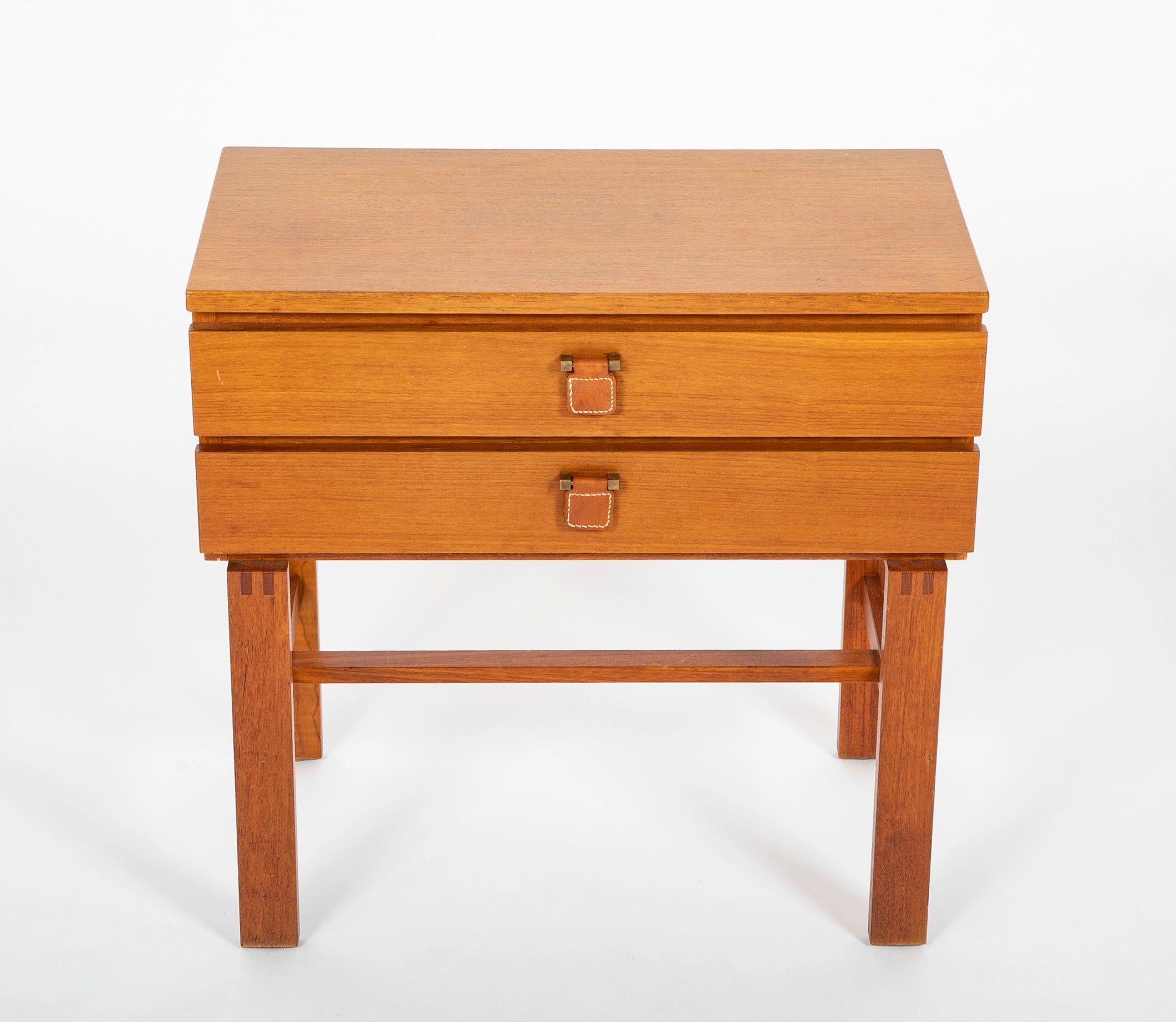 Mid-Century Mahogany Two Drawer Side Table with Leather Pulls
