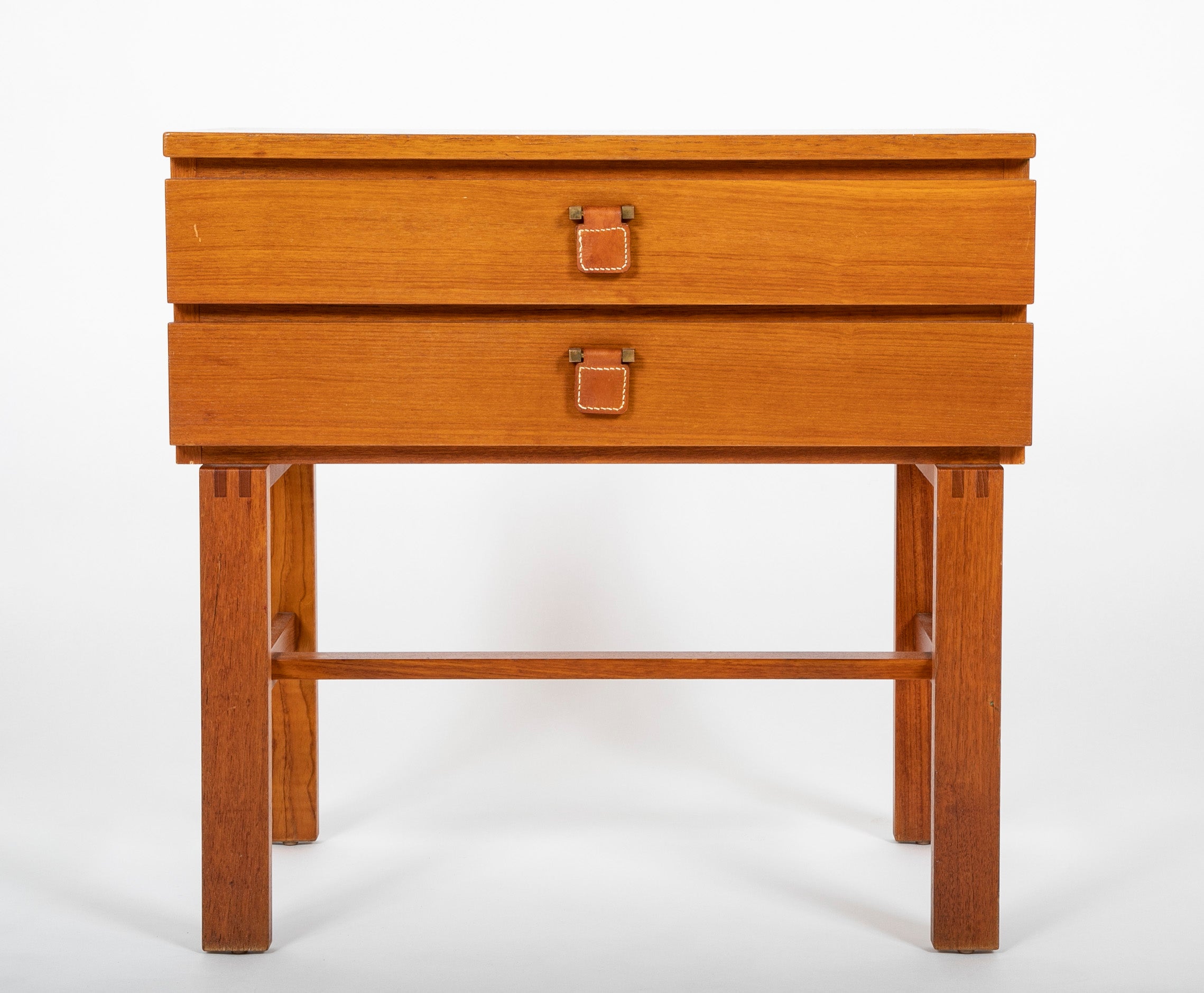 Mid-Century Mahogany Two Drawer Side Table with Leather Pulls