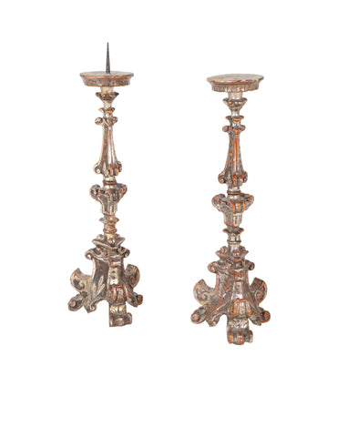 Pair of Hand Carved Altar Sticks in Silver Gilt Finish