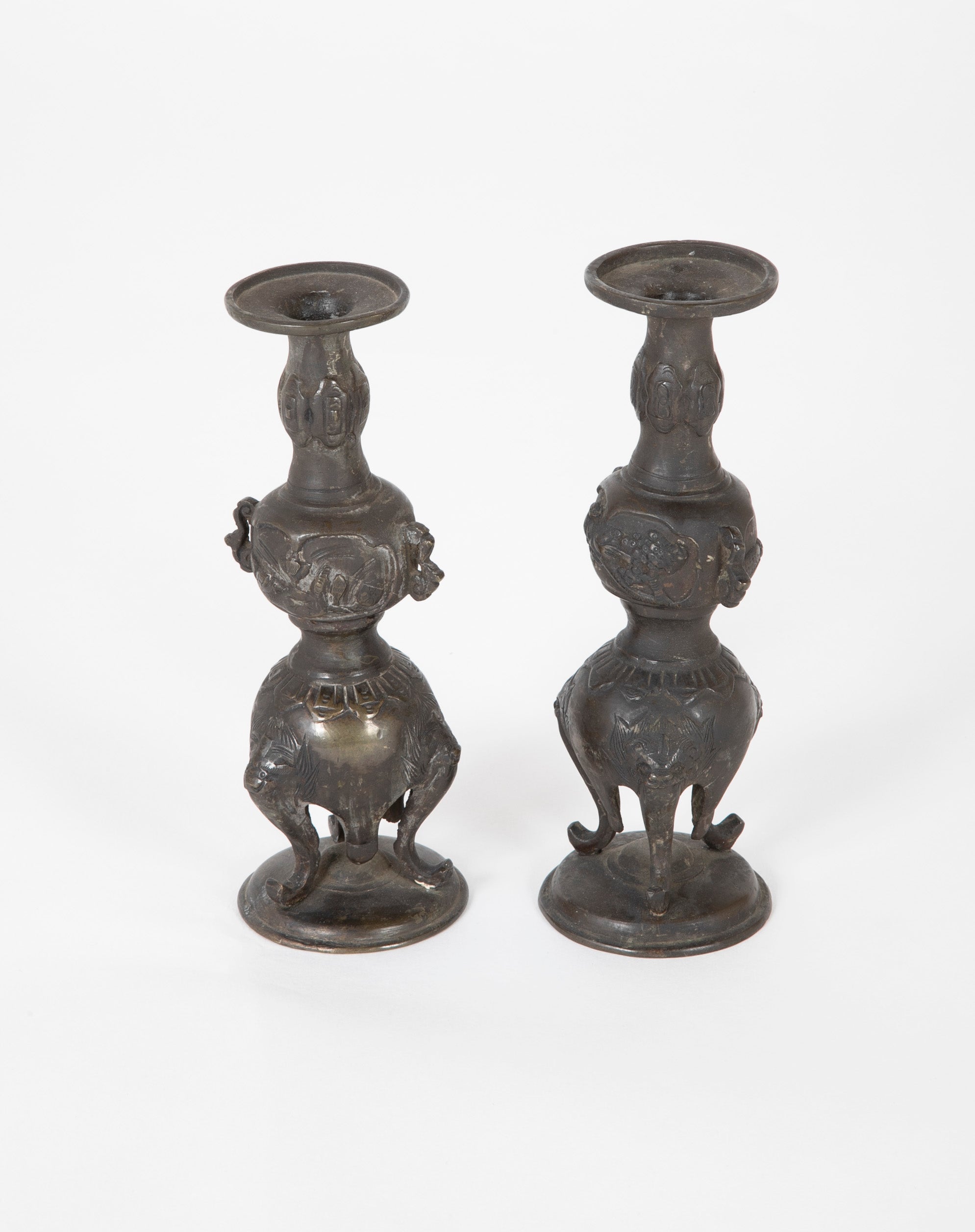 Pair of Bronze Chinese Candlesticks