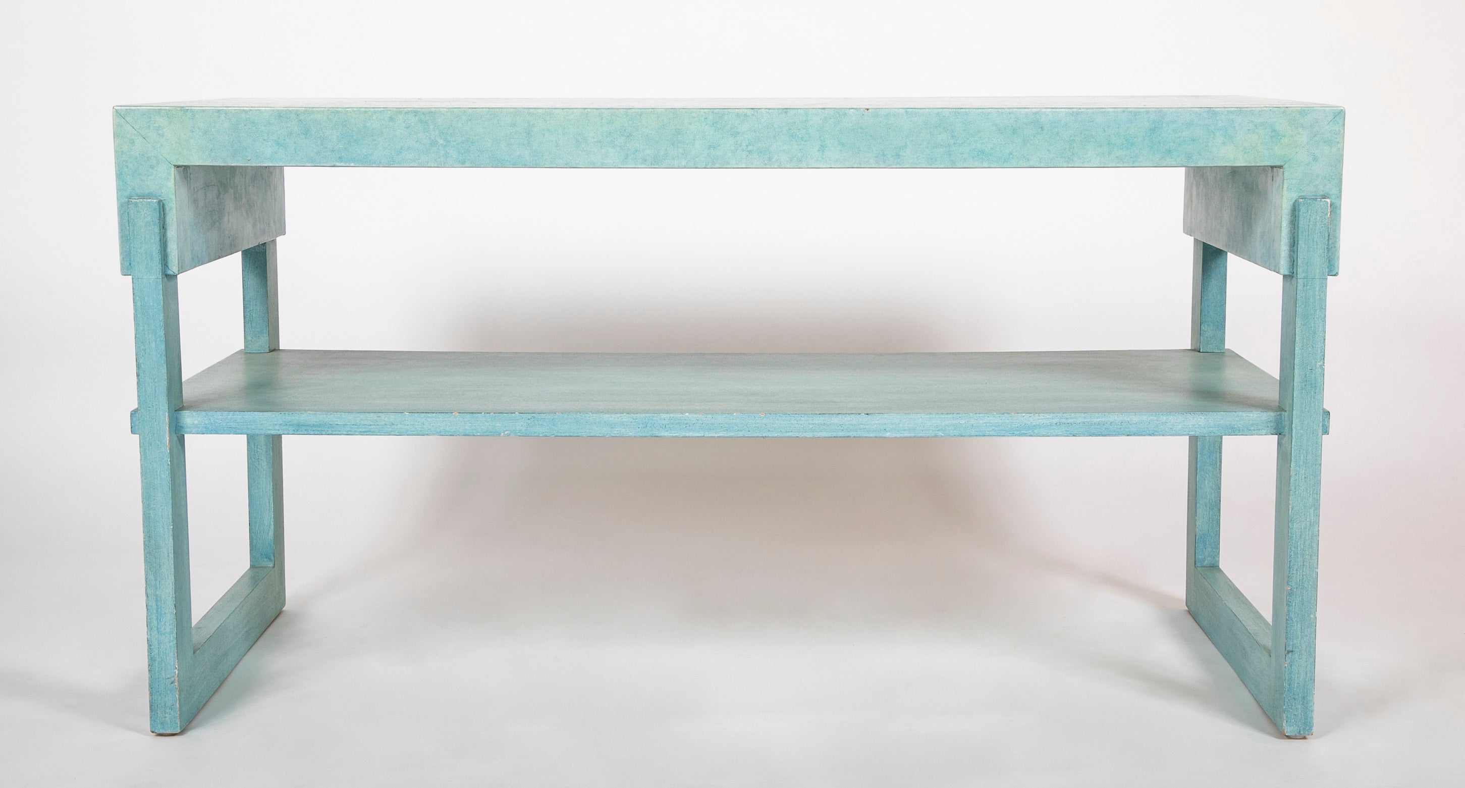 Pair of Turquoise Parchment Two Tier Side Tables by William Haines