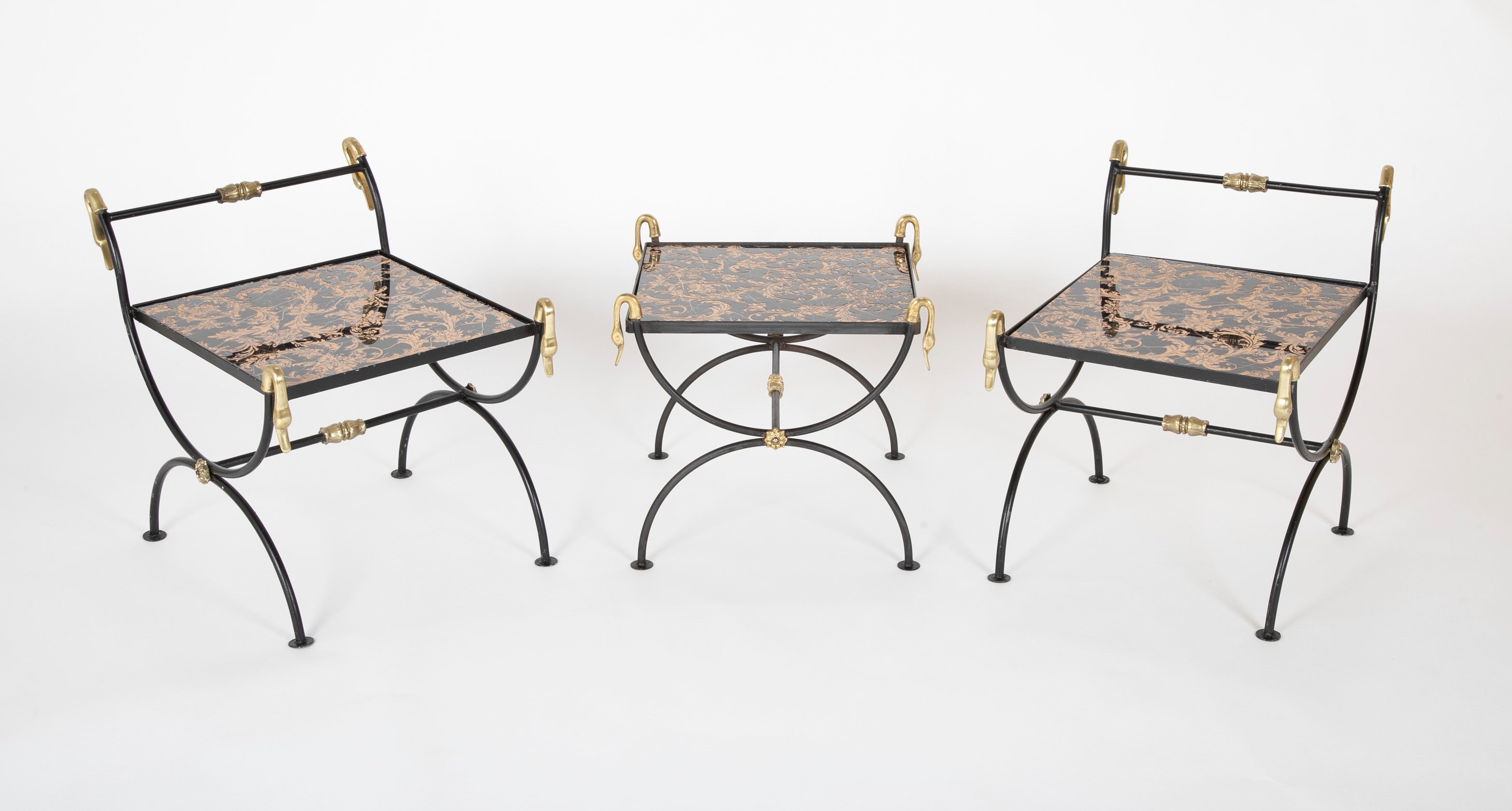 Three Piece Iron and Brass Coffee Table with Versace Insets