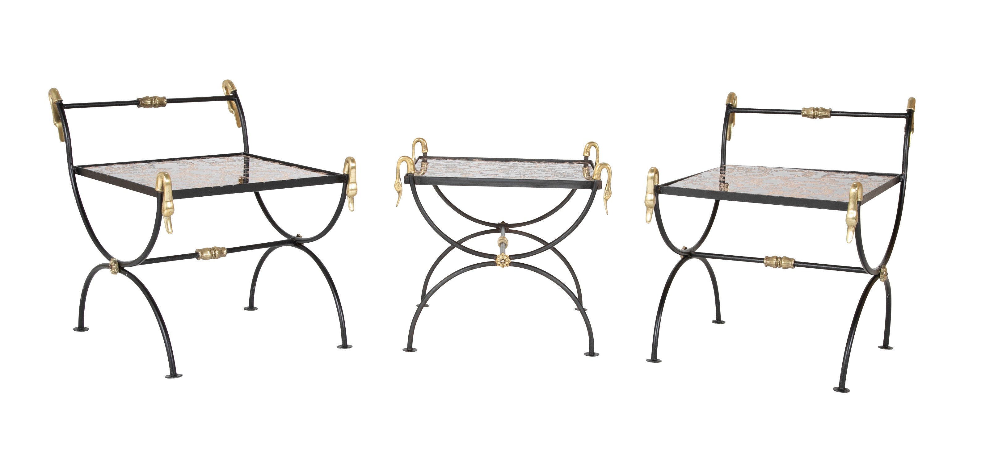 Three Piece Iron and Brass Coffee Table with Versace Insets