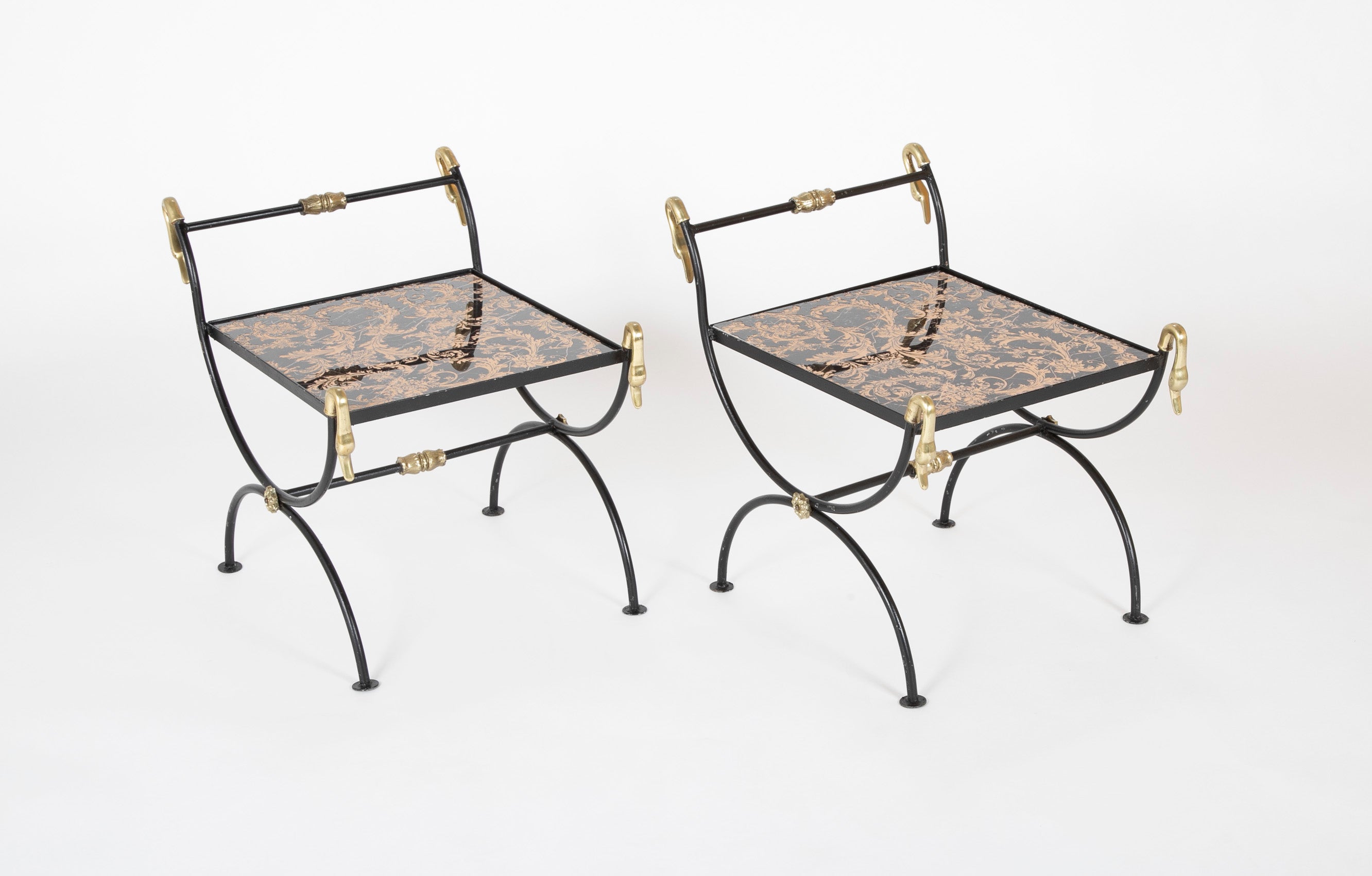 Three Piece Iron and Brass Coffee Table with Versace Insets