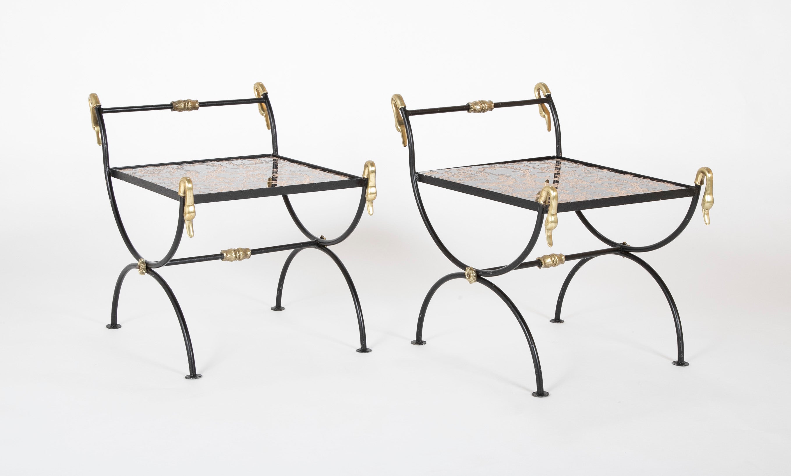 Three Piece Iron and Brass Coffee Table with Versace Insets