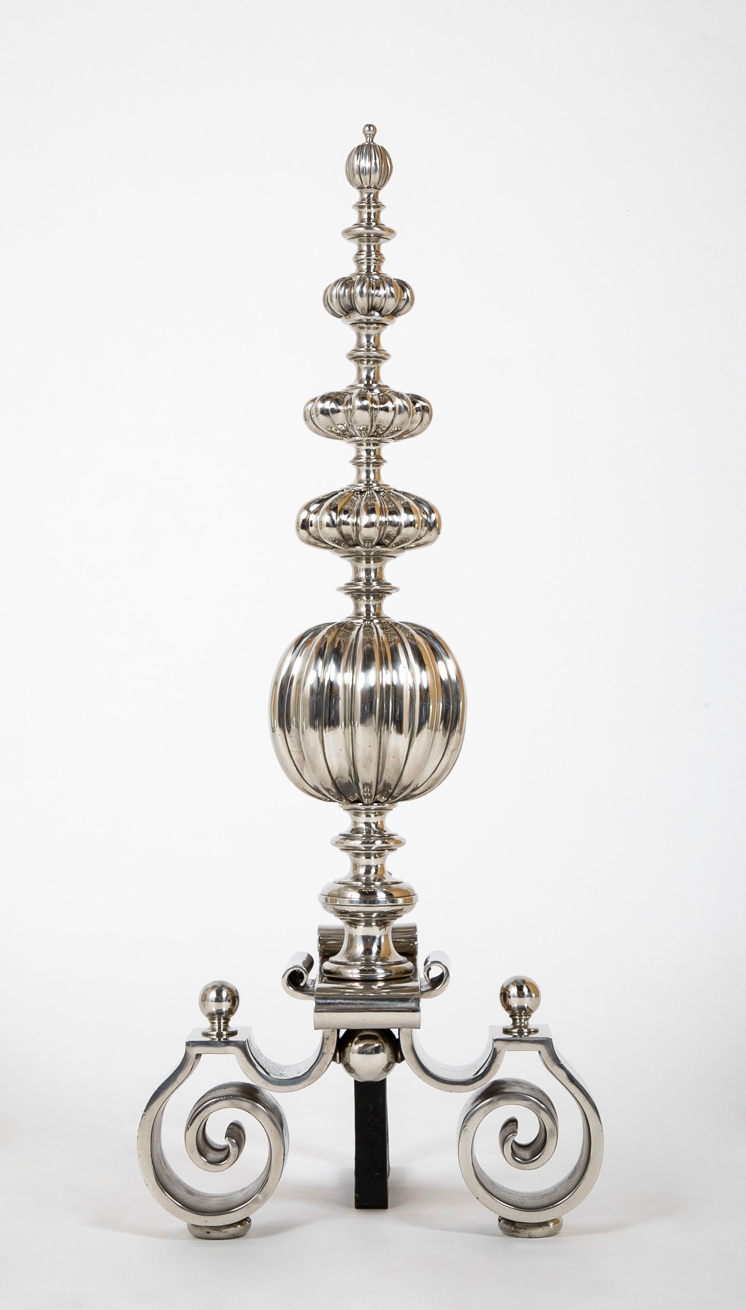 Great Pair of Dutch Baroque Style Polished Nickel Andirons