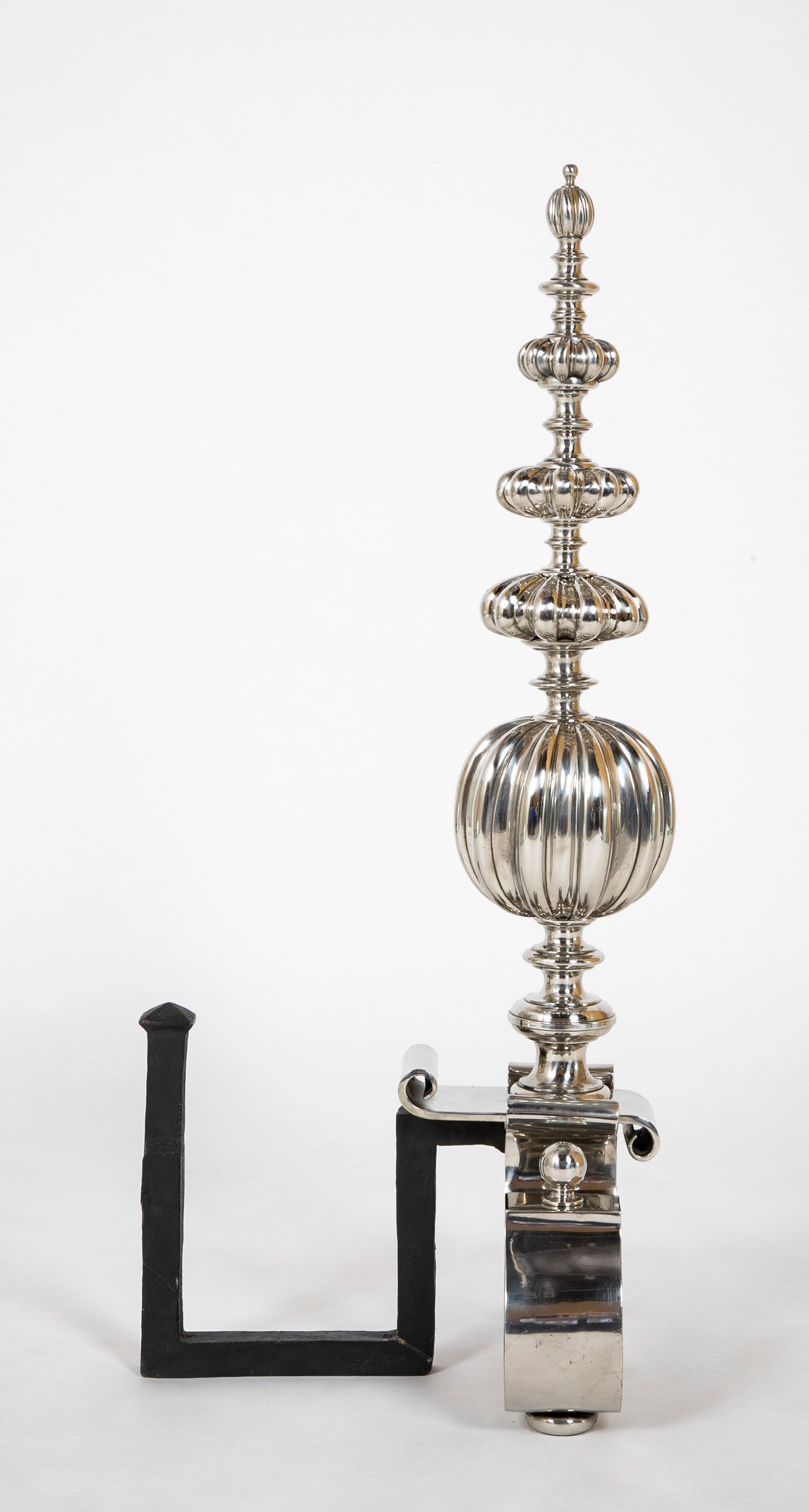 Great Pair of Dutch Baroque Style Polished Nickel Andirons