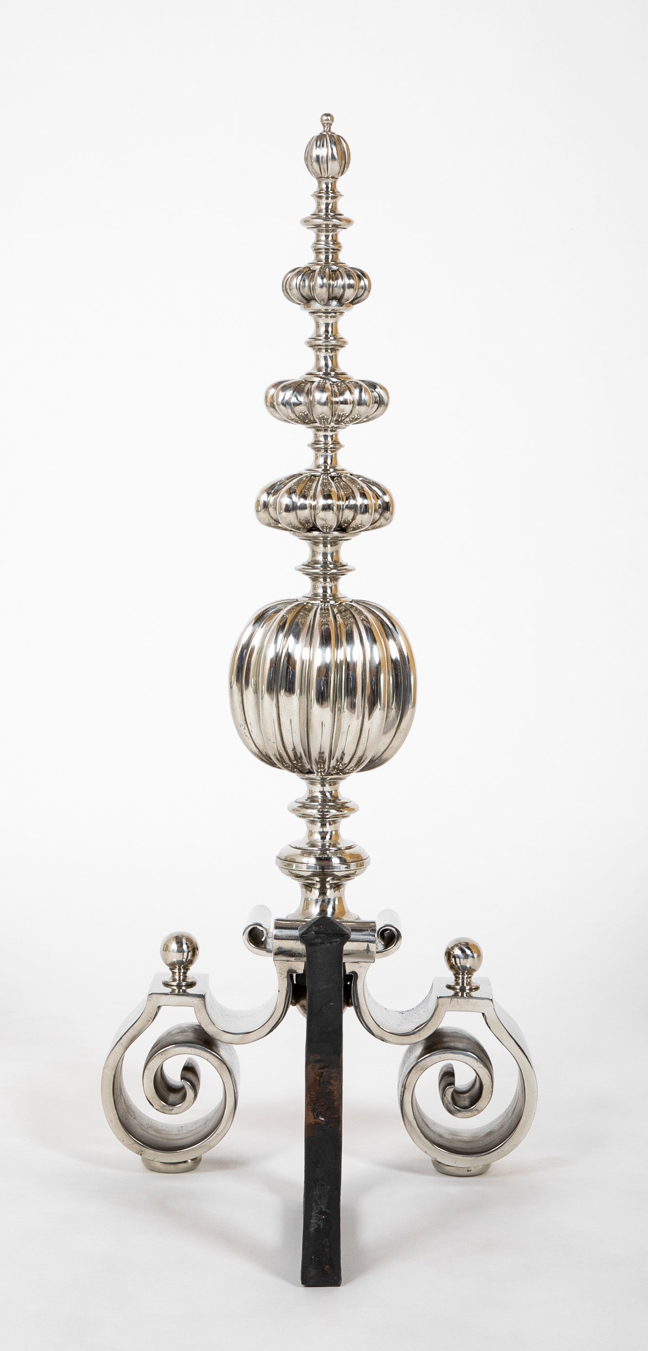 Great Pair of Dutch Baroque Style Polished Nickel Andirons