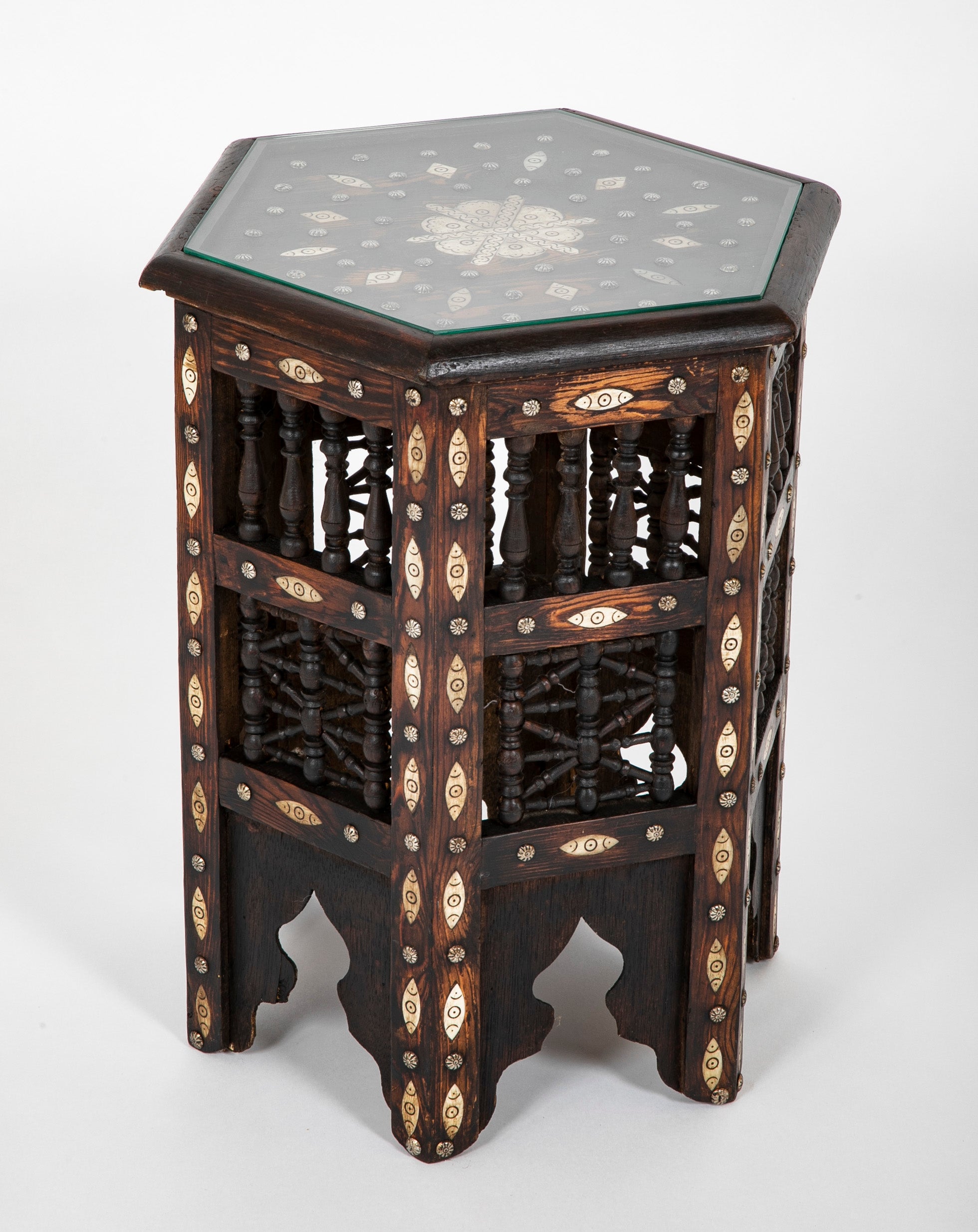 Moroccan Hexagonal Side Table with Bone Inlay & Brass Nail Heads