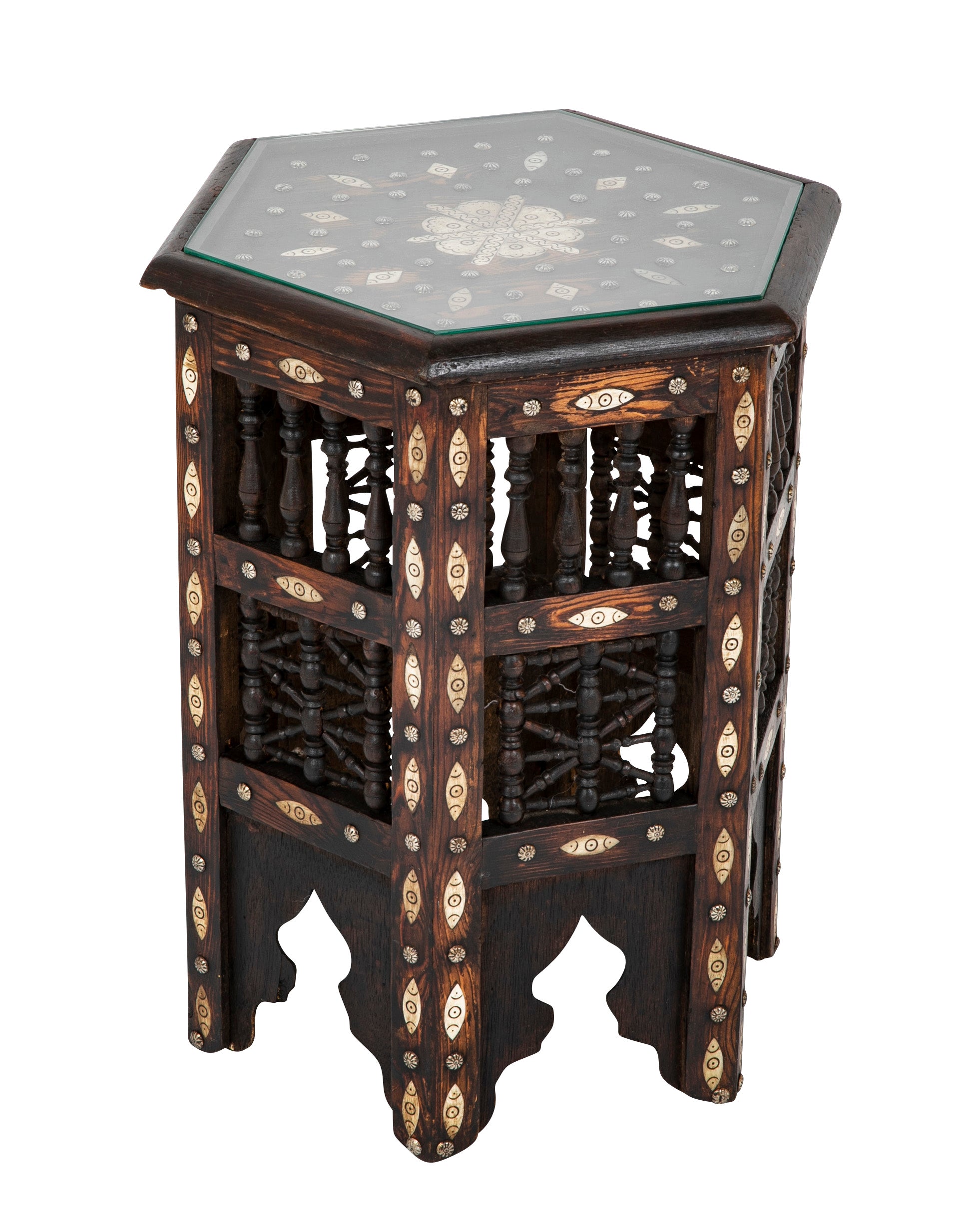 Moroccan Hexagonal Side Table with Bone Inlay & Brass Nail Heads