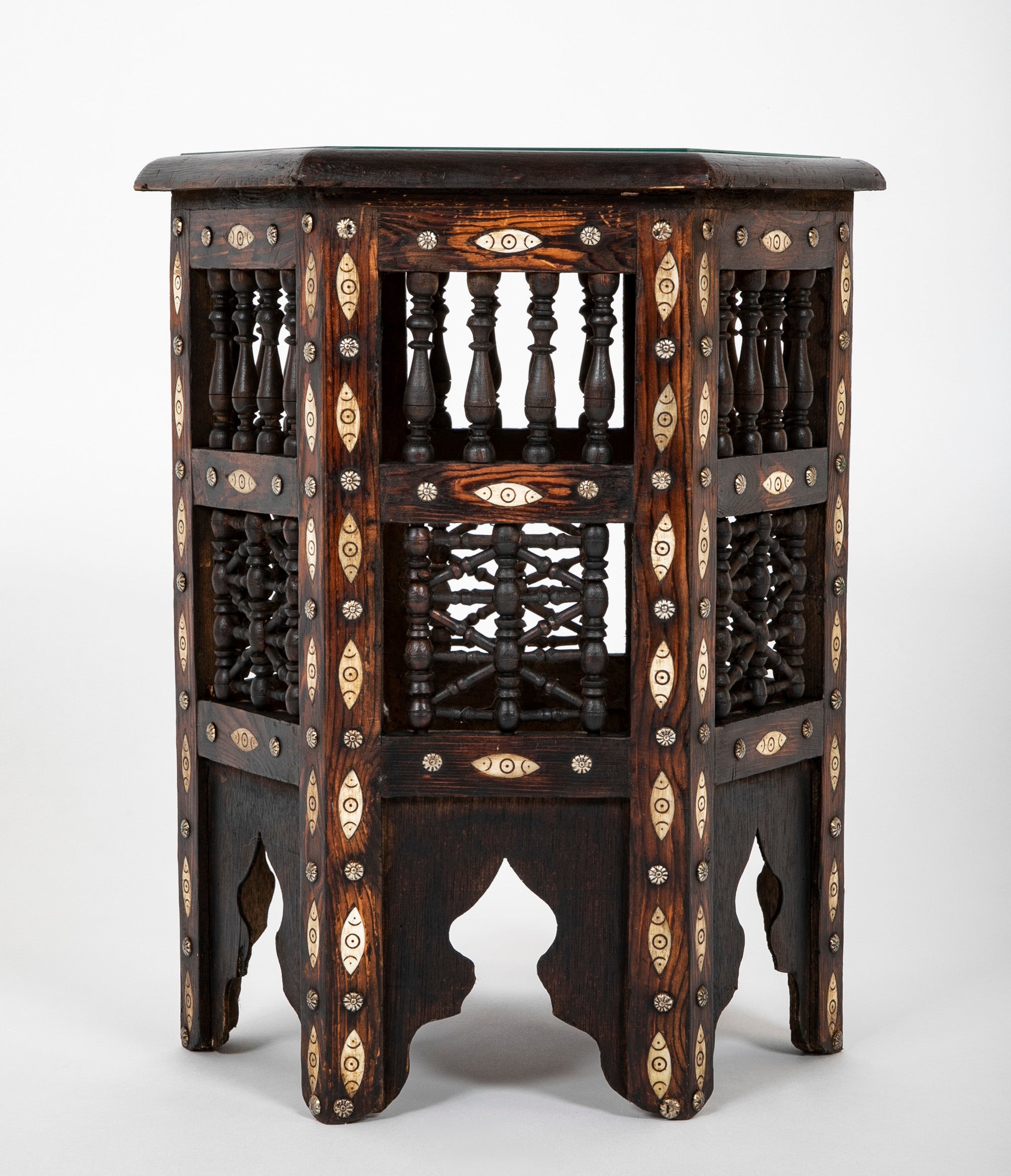 Moroccan Hexagonal Side Table with Bone Inlay & Brass Nail Heads