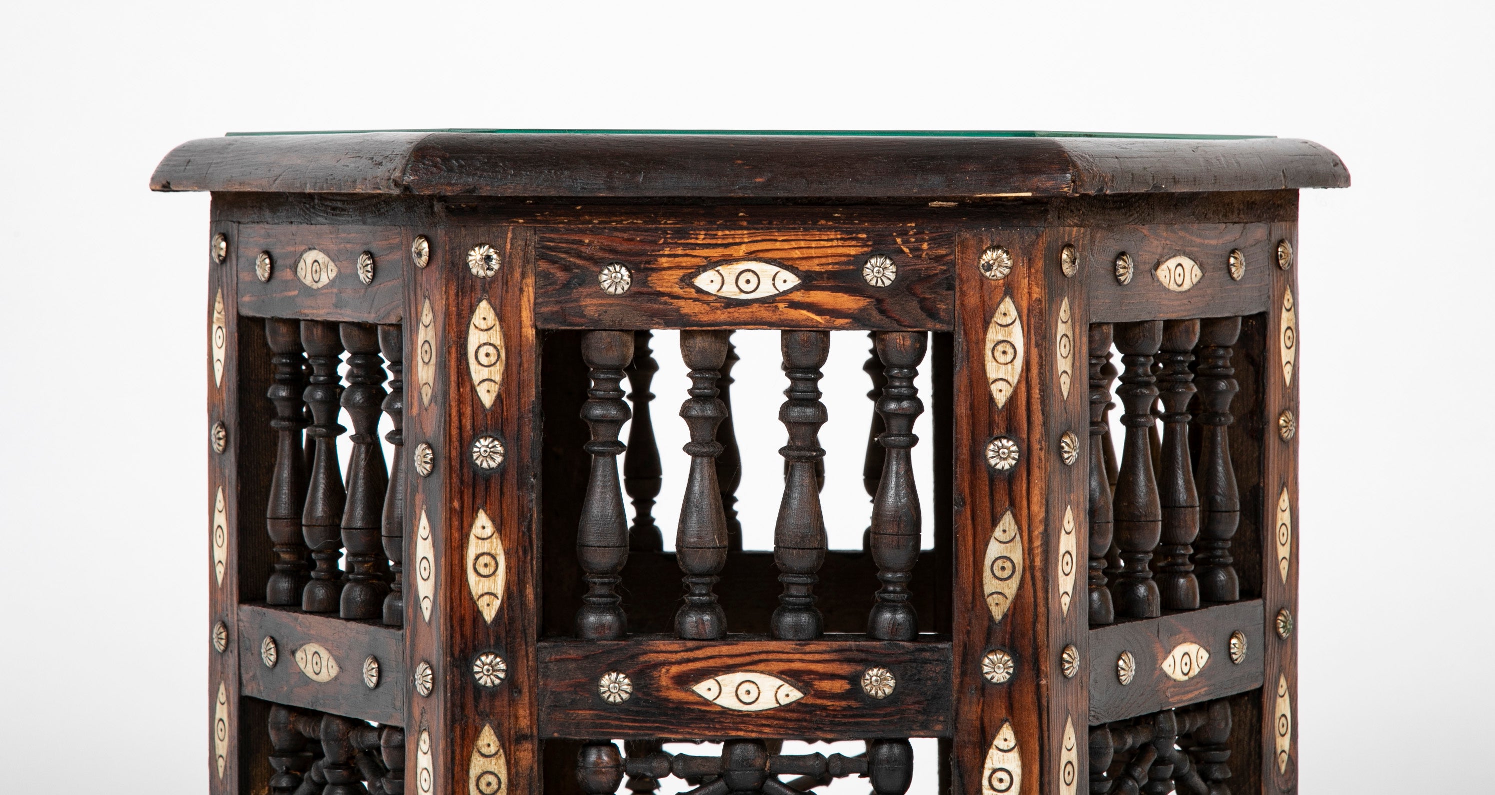 Moroccan Hexagonal Side Table with Bone Inlay & Brass Nail Heads