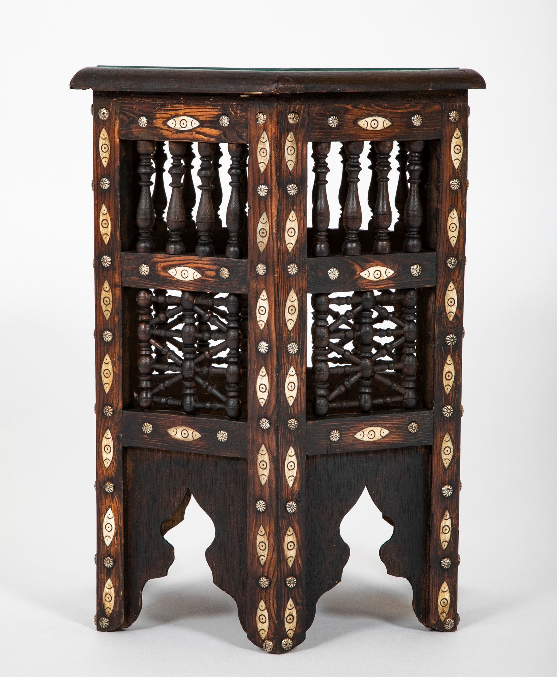 Moroccan Hexagonal Side Table with Bone Inlay & Brass Nail Heads