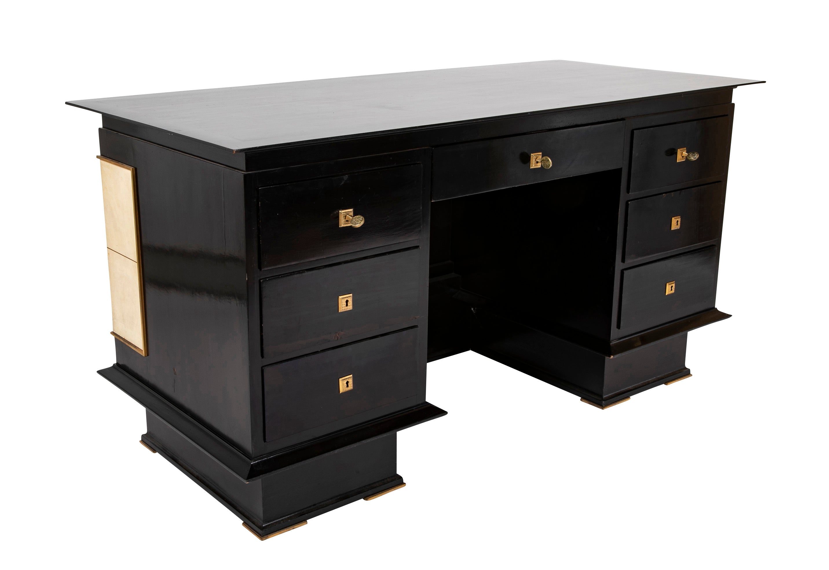 French Mid 20th Century Black Lacquer and Parchment Desk