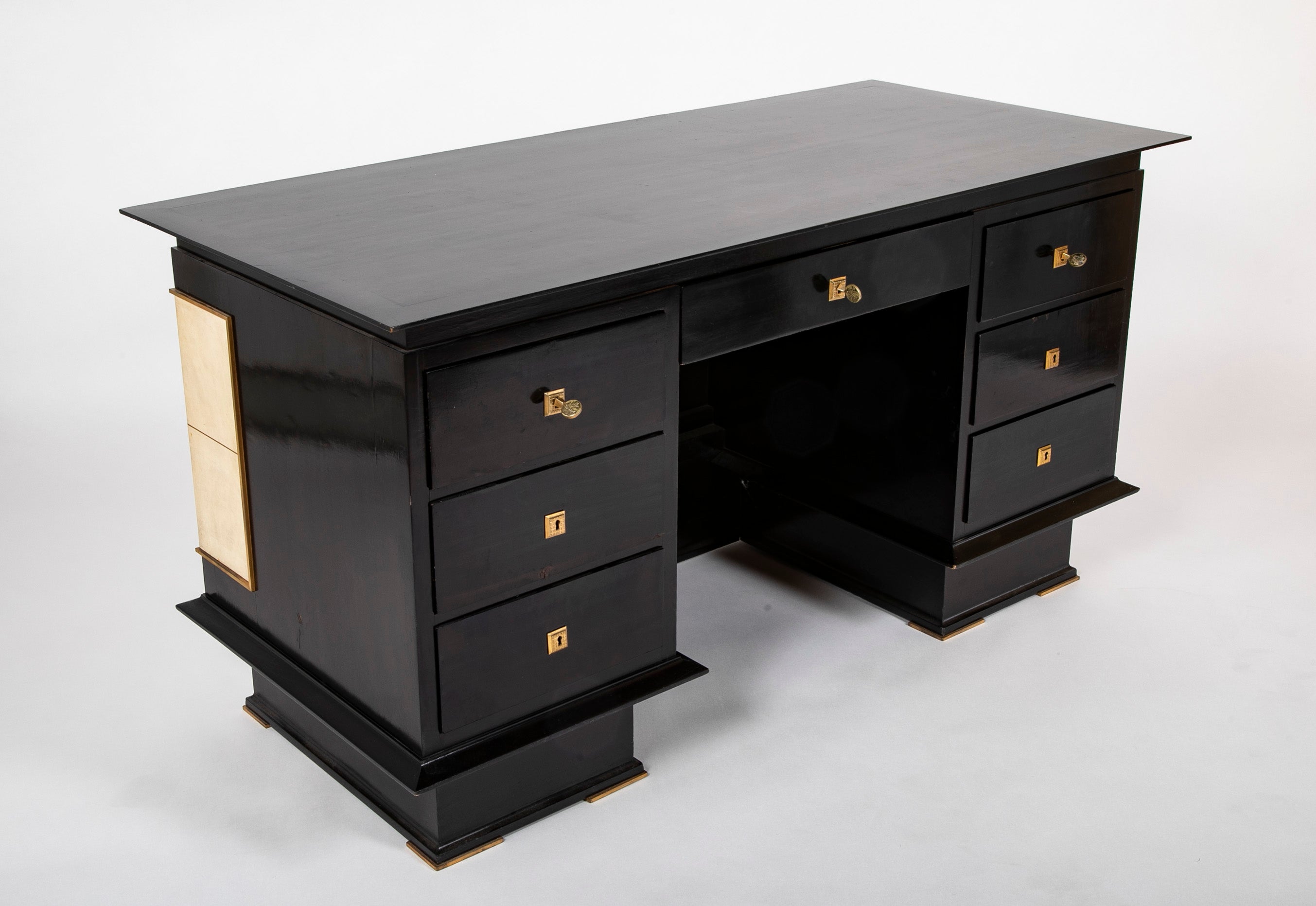French Mid 20th Century Black Lacquer and Parchment Desk