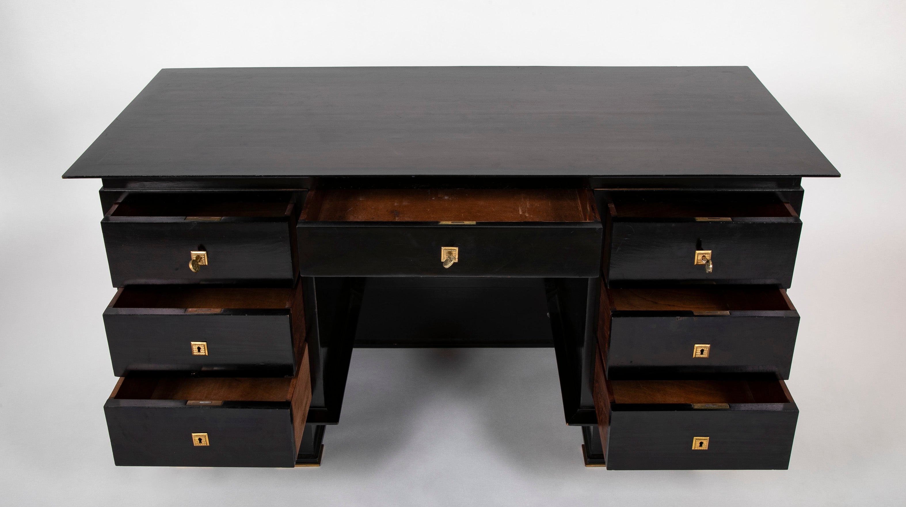 French Mid 20th Century Black Lacquer and Parchment Desk