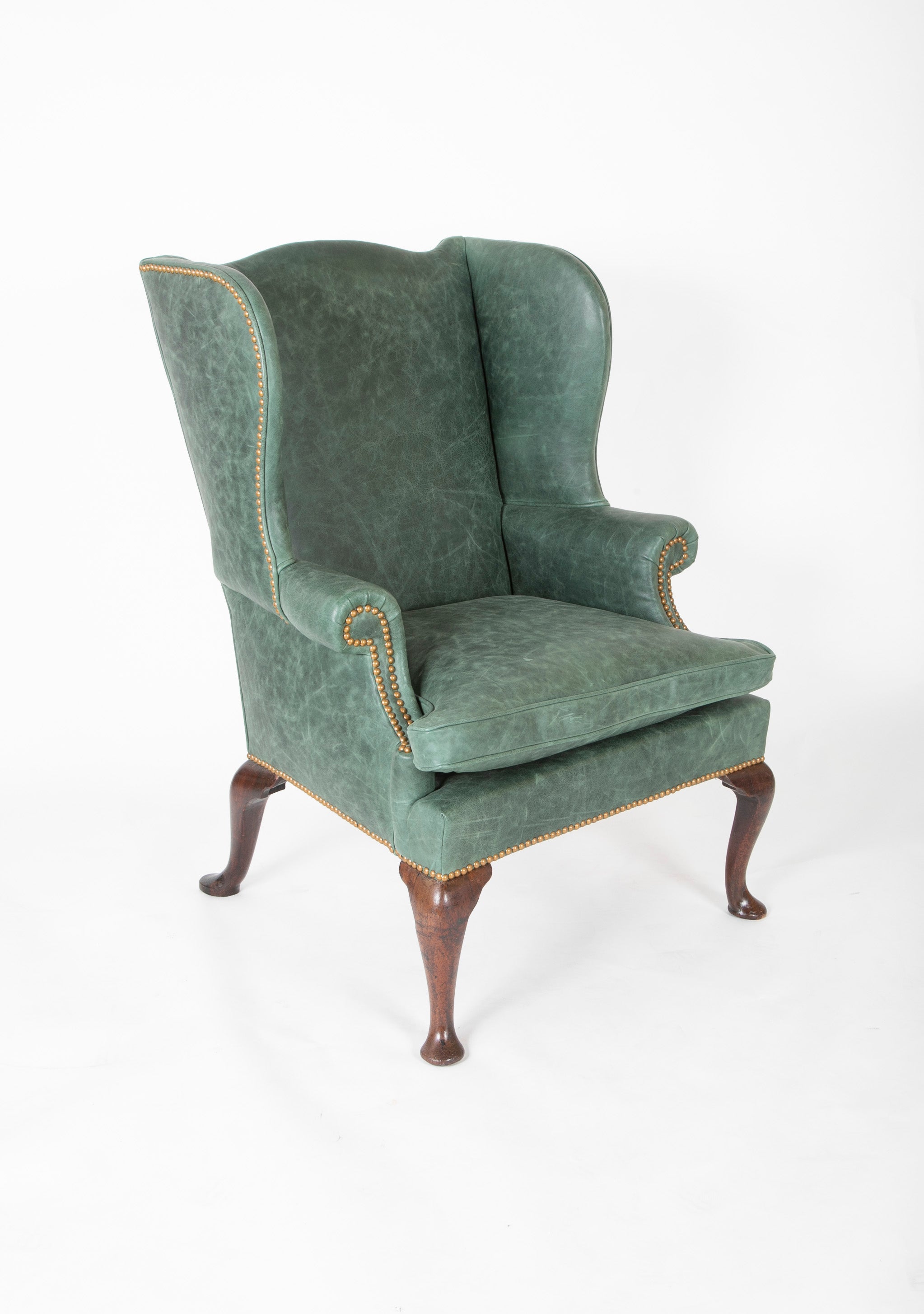 English Queen Ann Period Leather Upholstered Wing Chair