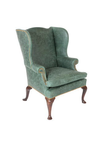 English Queen Ann Period Leather Upholstered Wing Chair