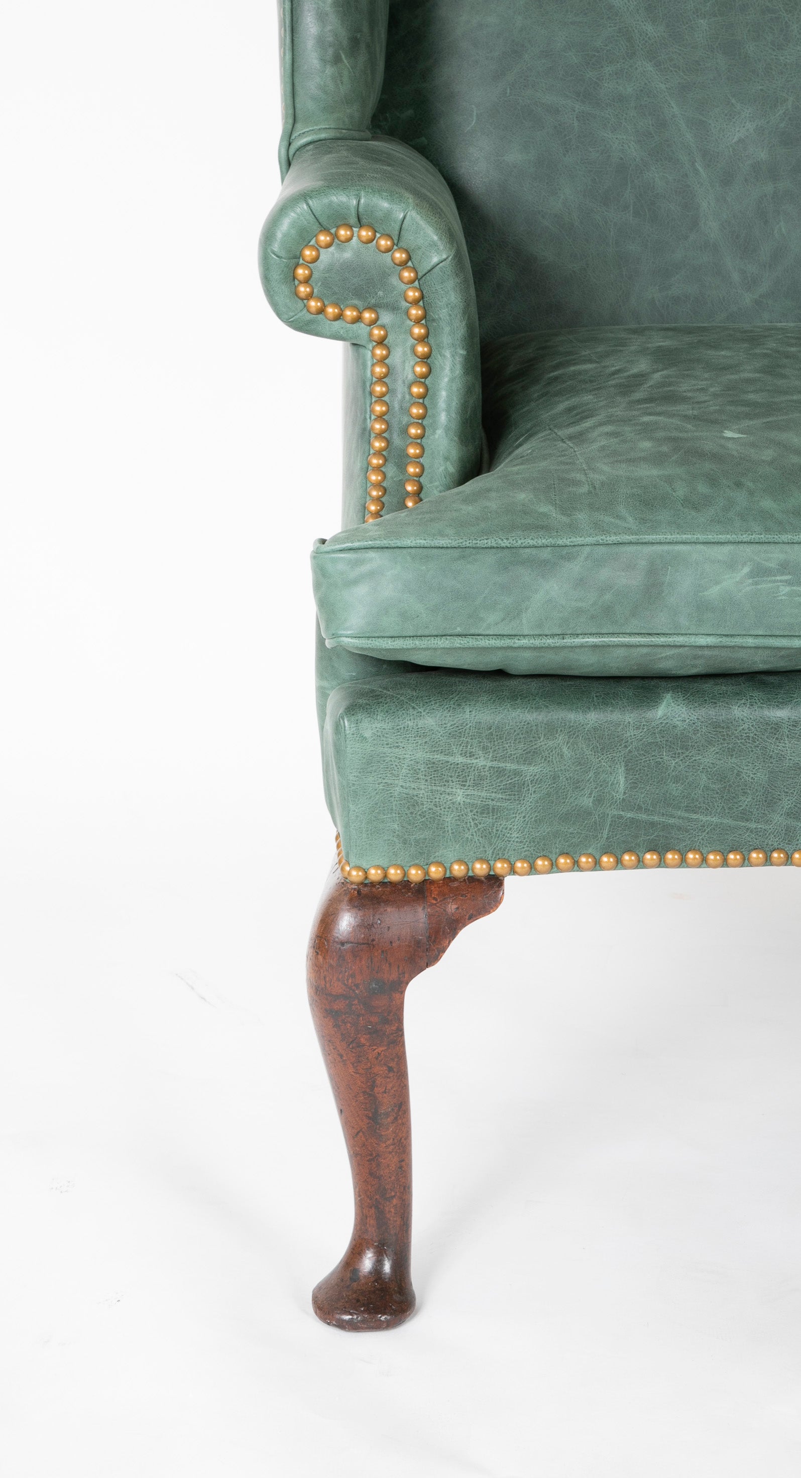 English Queen Ann Period Leather Upholstered Wing Chair
