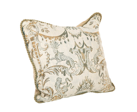 A Fortuny Pillow in Grays, Beige & Green with Lions & Monkeys