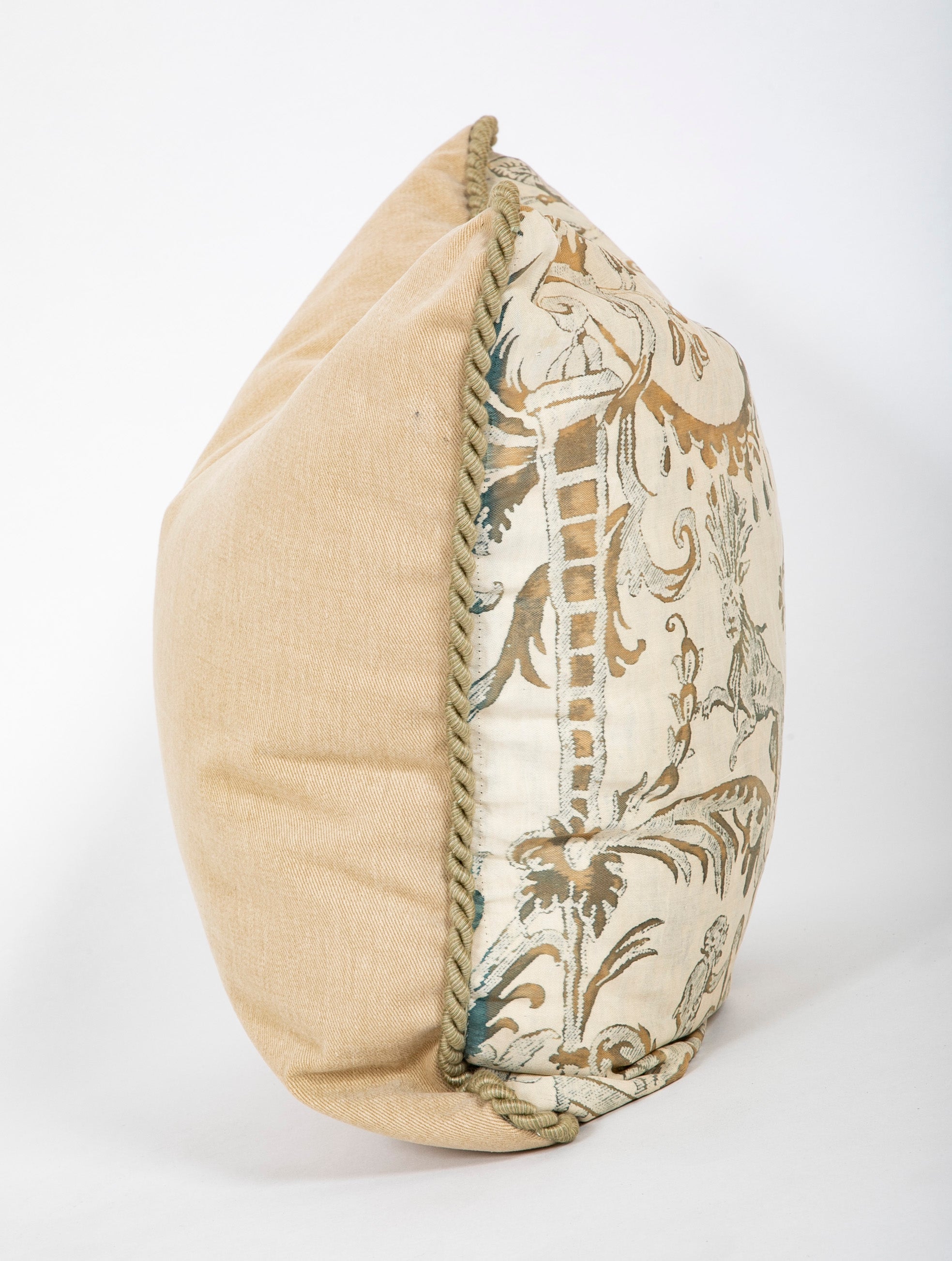 A Fortuny Pillow in Grays, Beige & Green with Lions & Monkeys
