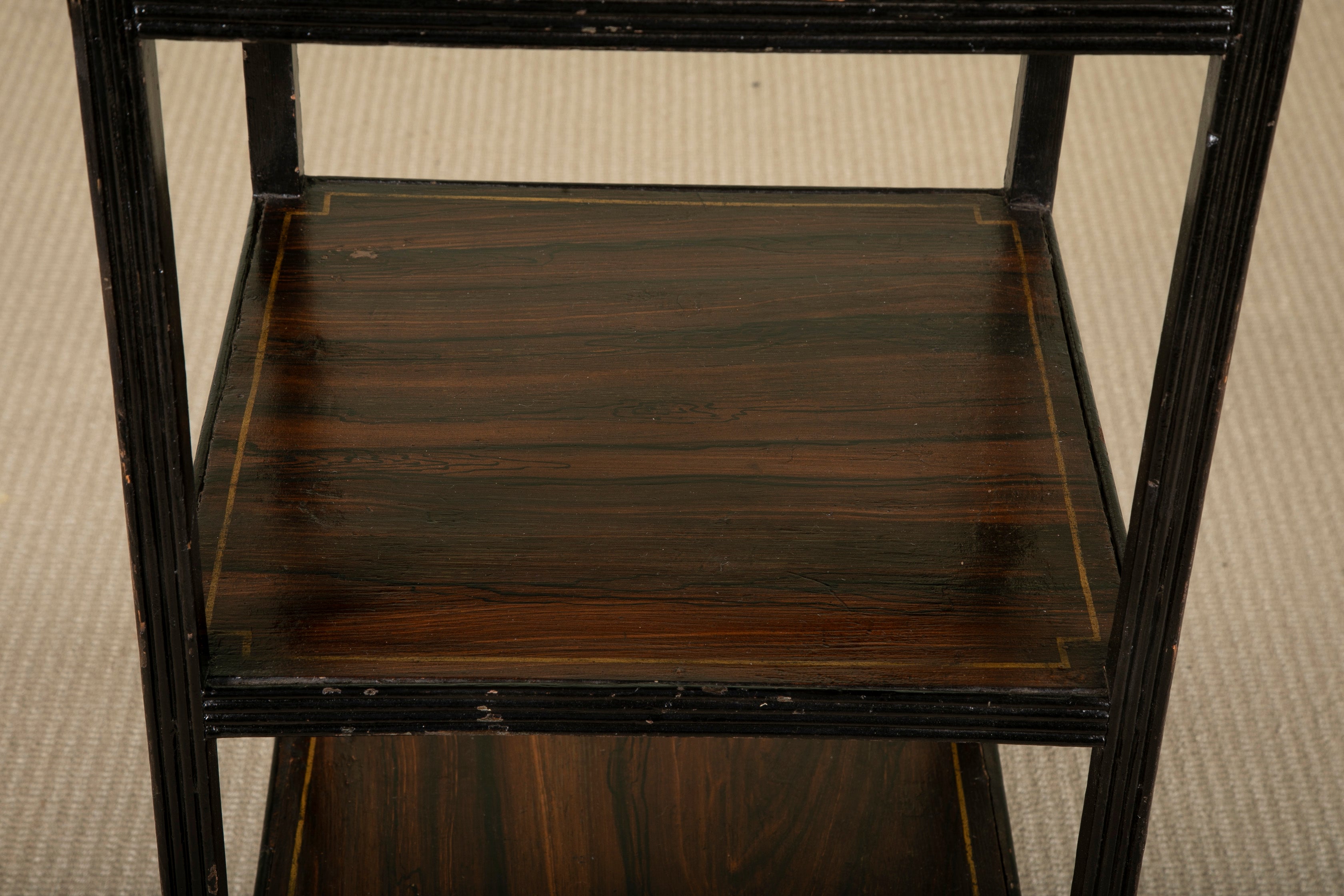Regency Ebonized Five Tier Etagere with Faux Rosewood Shelves & Finials
