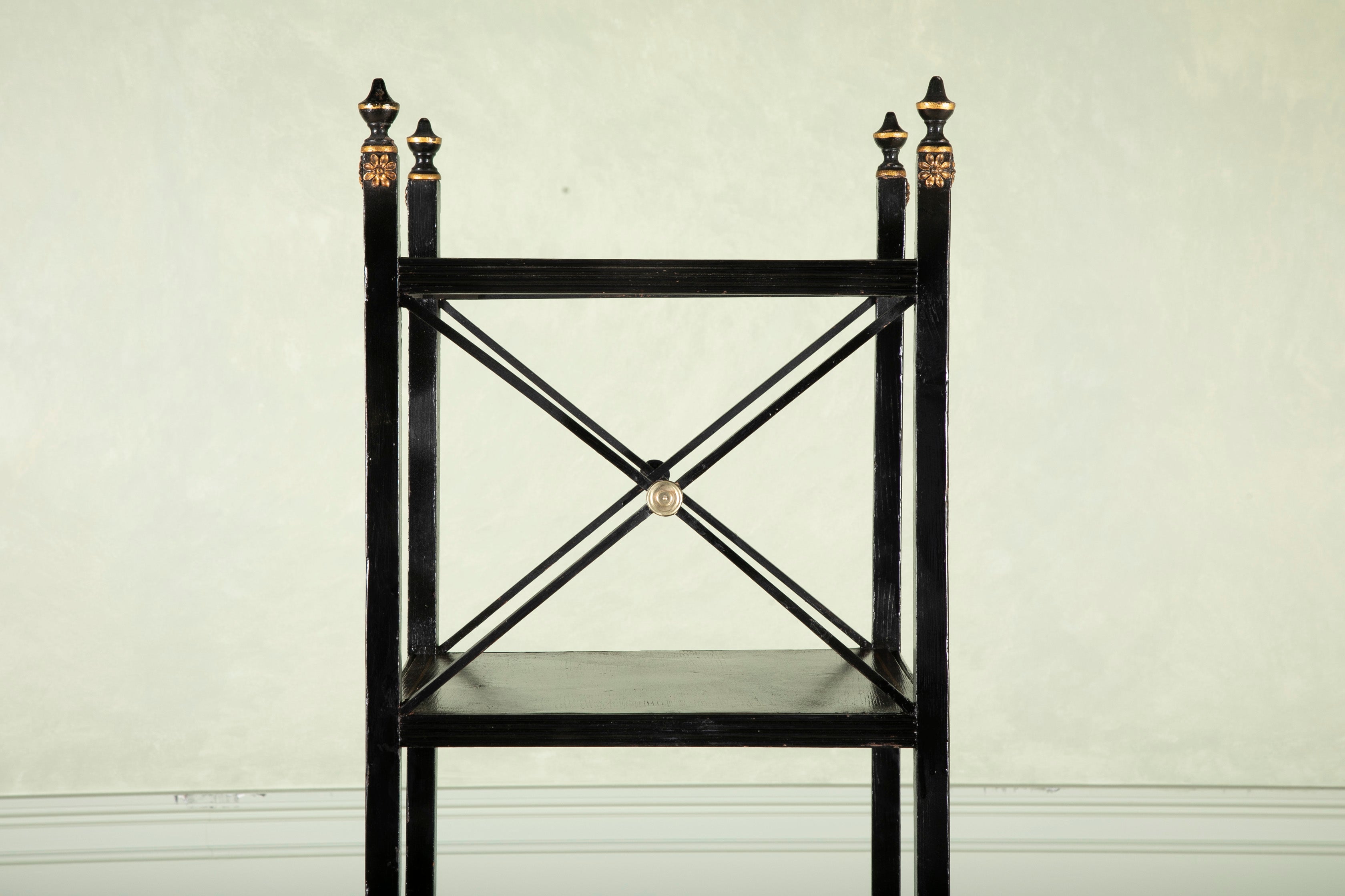 Regency Ebonized Five Tier Etagere with Faux Rosewood Shelves & Finials