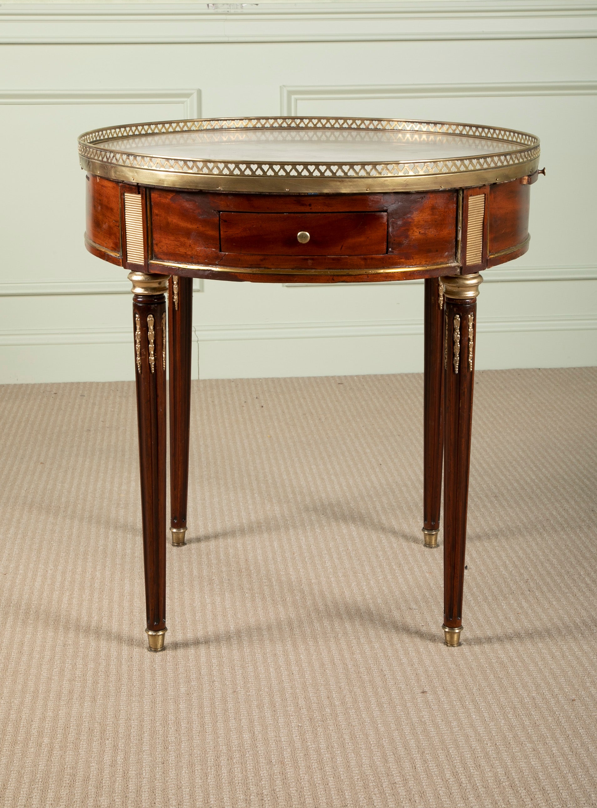 Late 18th Century Matched Pair of Louis XVI Marble Top Bouillotte Tables with Slides & Drawers