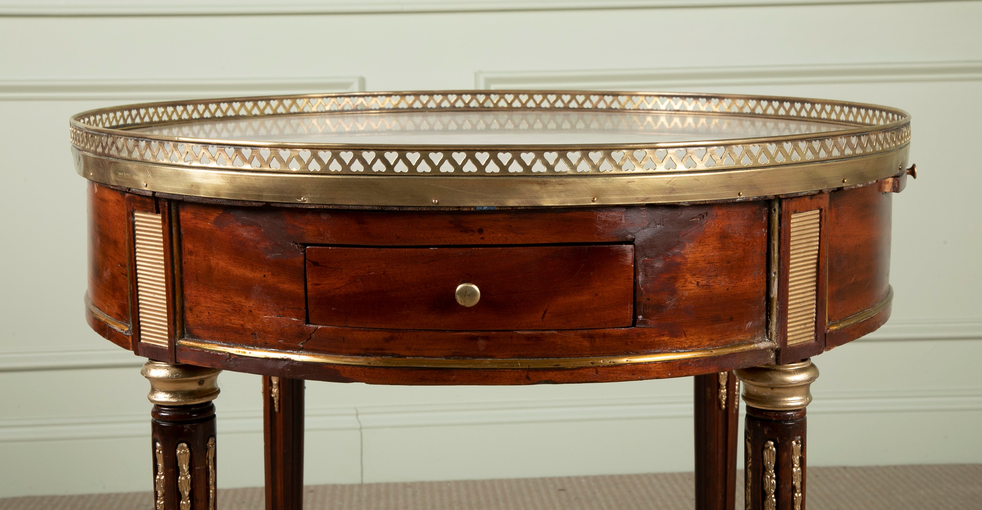 Late 18th Century Matched Pair of Louis XVI Marble Top Bouillotte Tables with Slides & Drawers