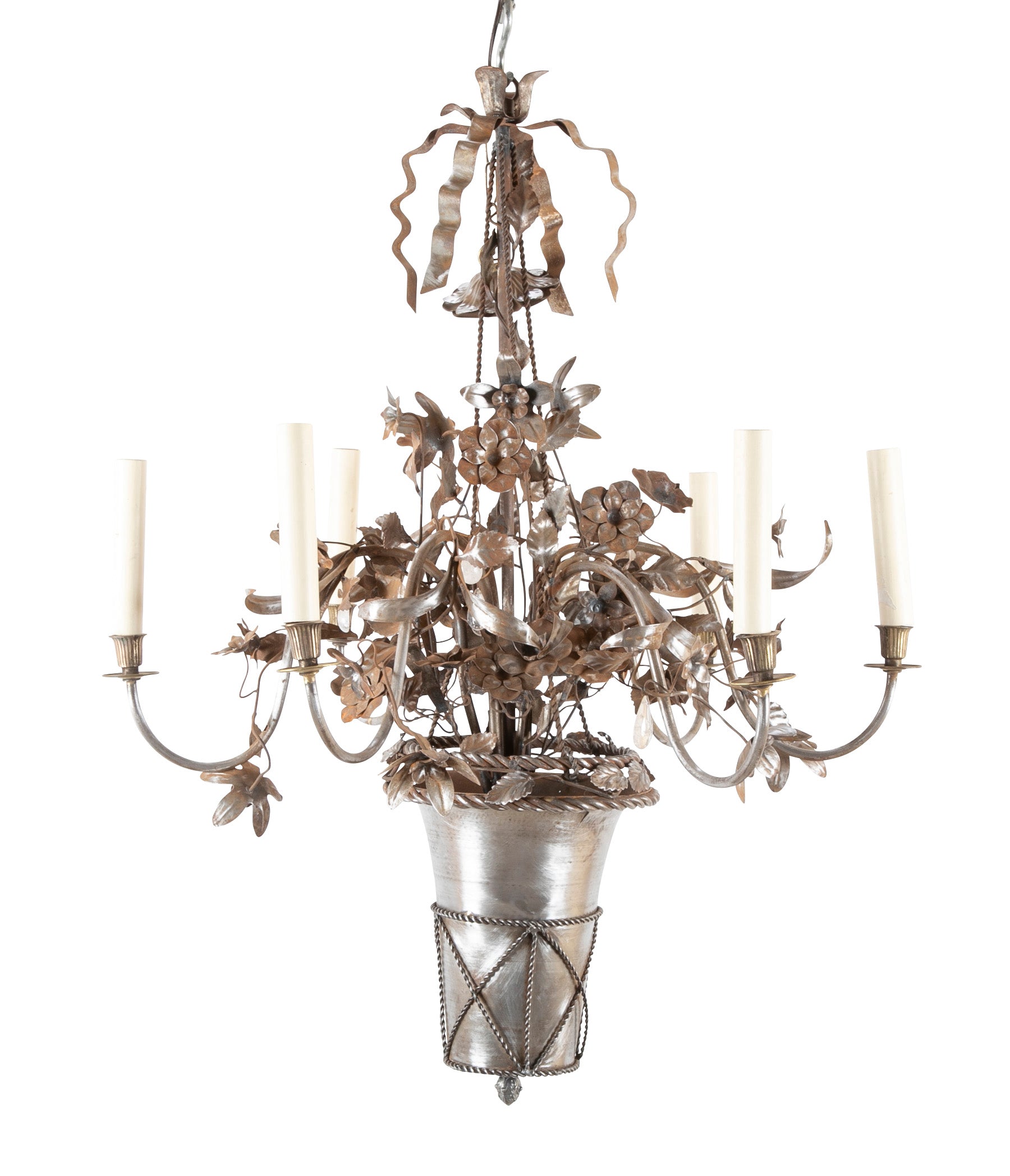 Vintage Steel Floral Chandelier with Basket, Bow Knots and Ribbons