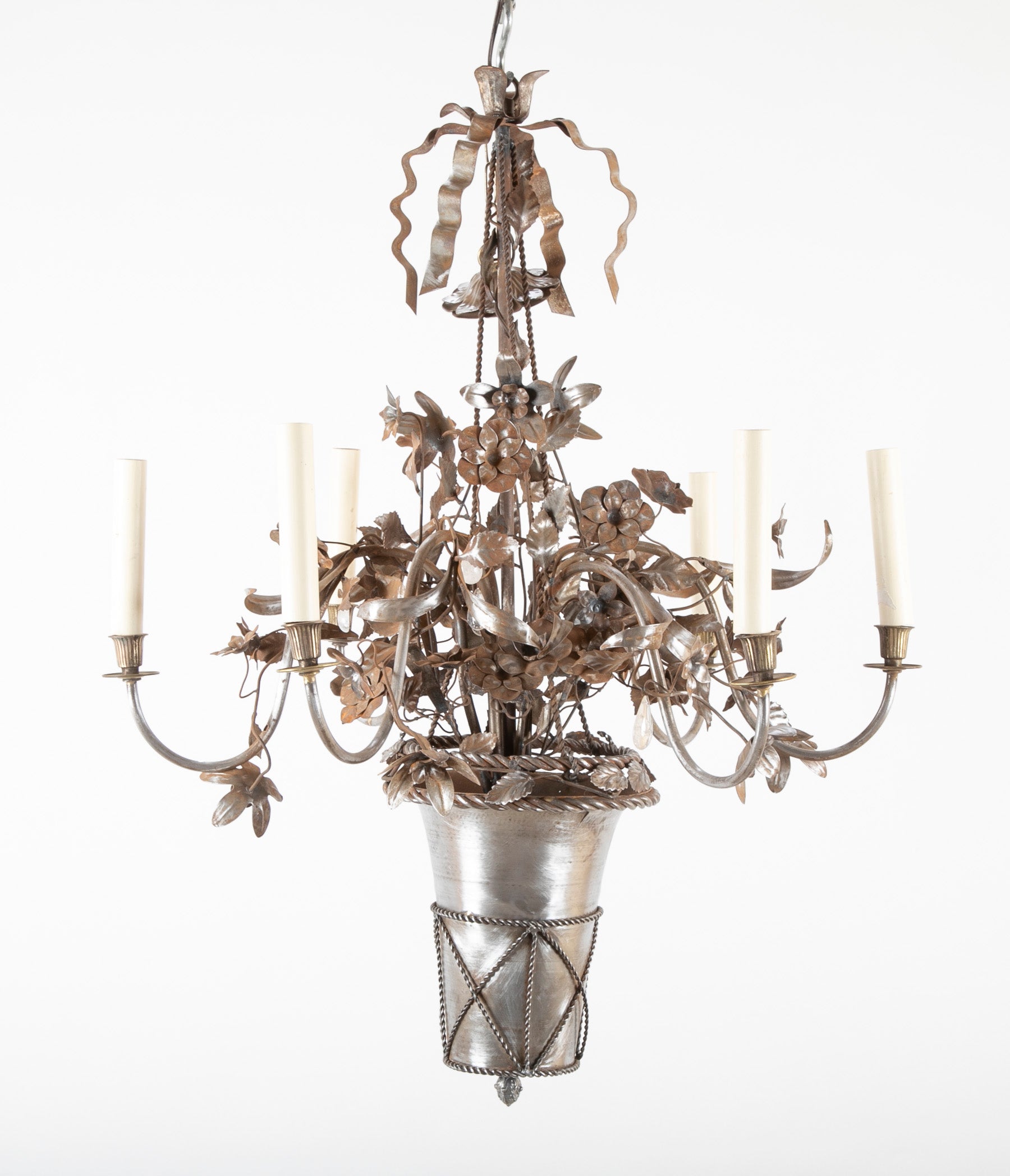 Vintage Steel Floral Chandelier with Basket, Bow Knots and Ribbons