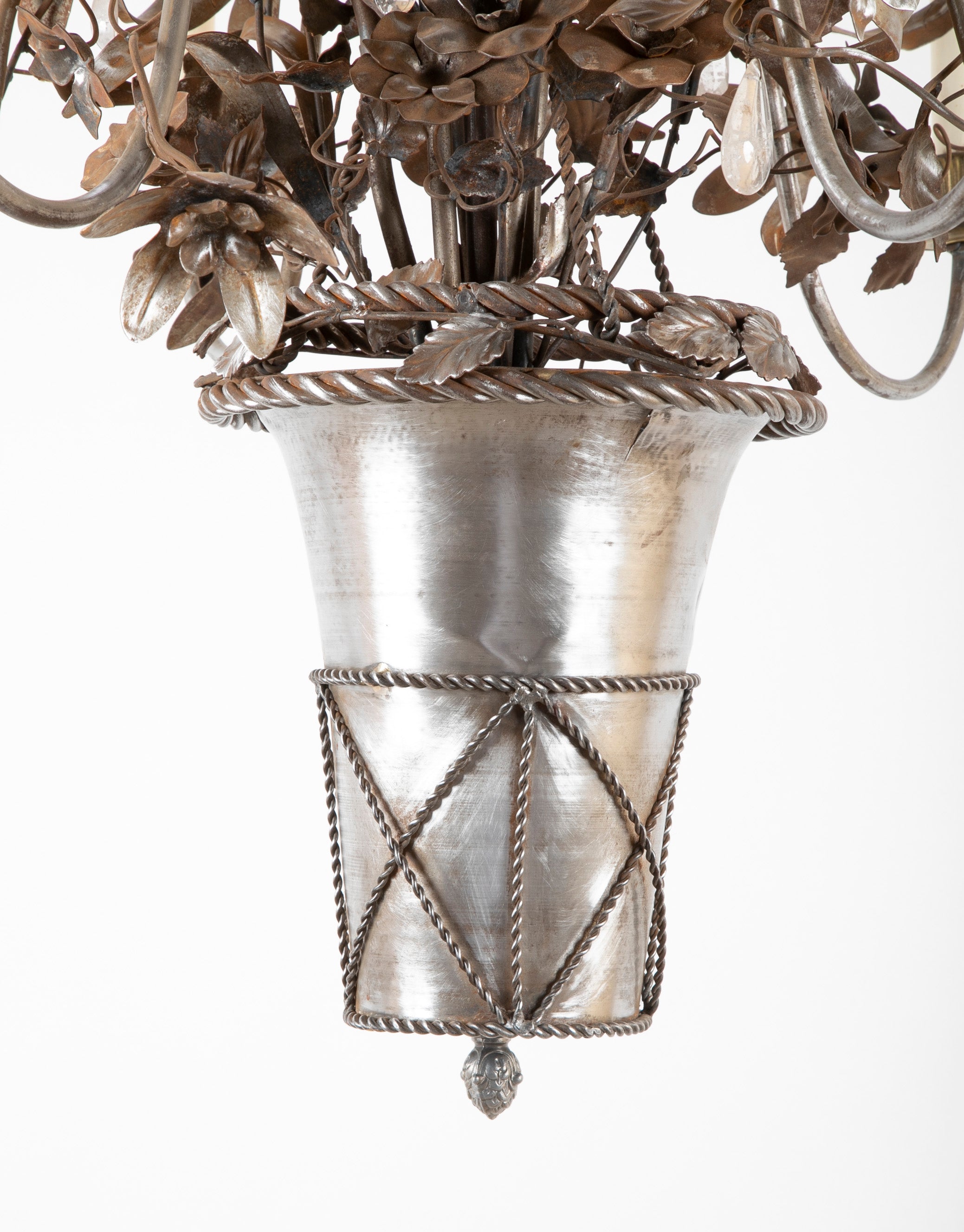 Vintage Steel Floral Chandelier with Basket, Bow Knots and Ribbons