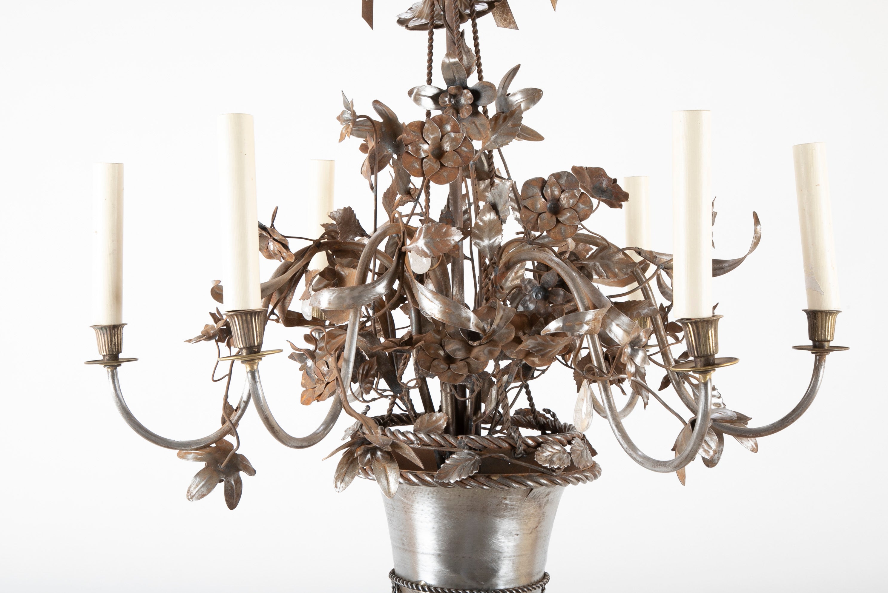 Vintage Steel Floral Chandelier with Basket, Bow Knots and Ribbons