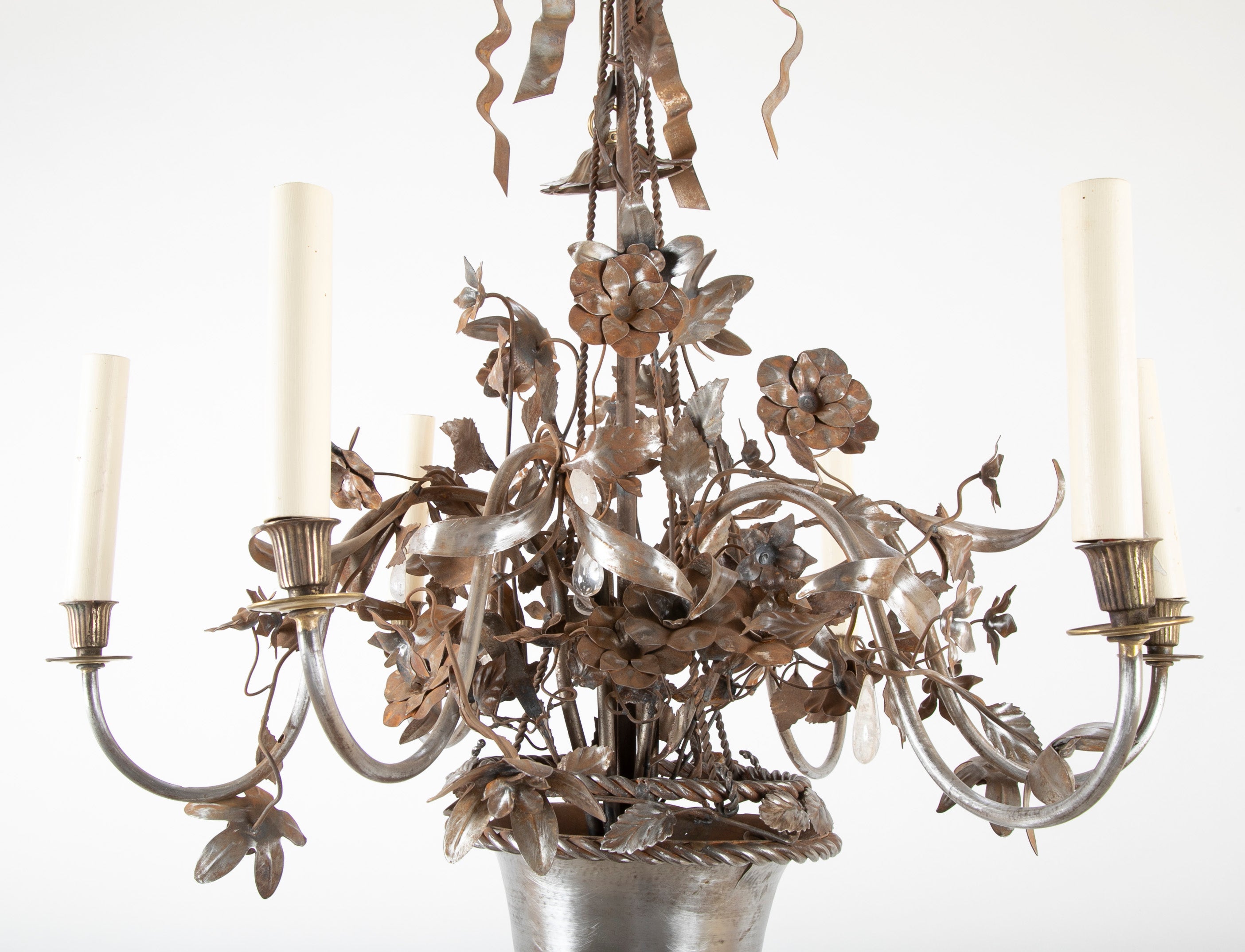 Vintage Steel Floral Chandelier with Basket, Bow Knots and Ribbons