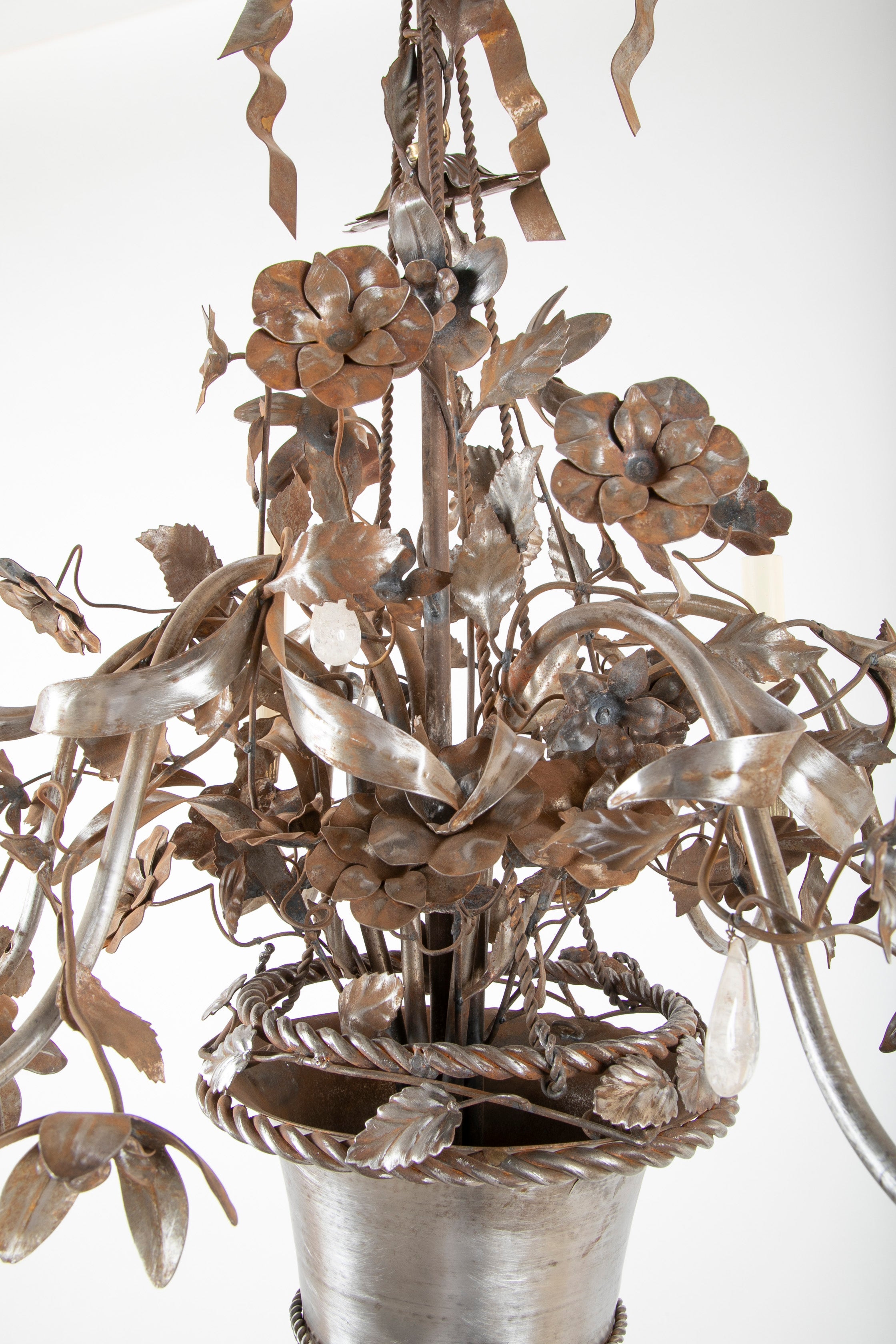 Vintage Steel Floral Chandelier with Basket, Bow Knots and Ribbons