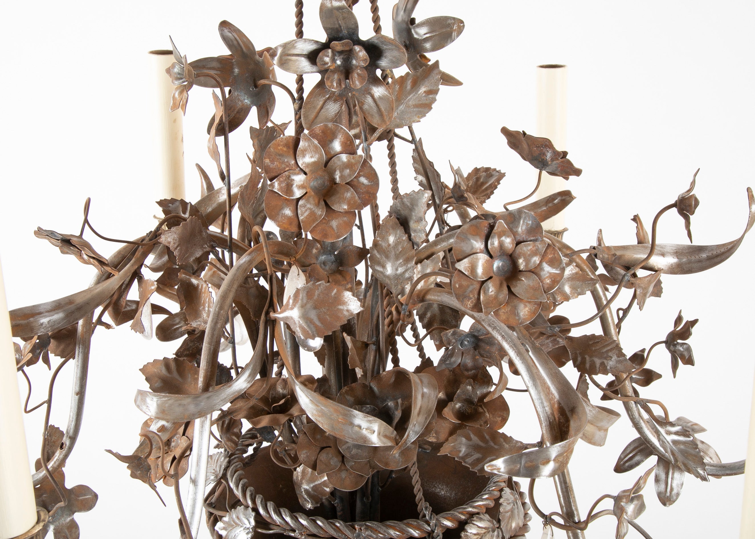 Vintage Steel Floral Chandelier with Basket, Bow Knots and Ribbons
