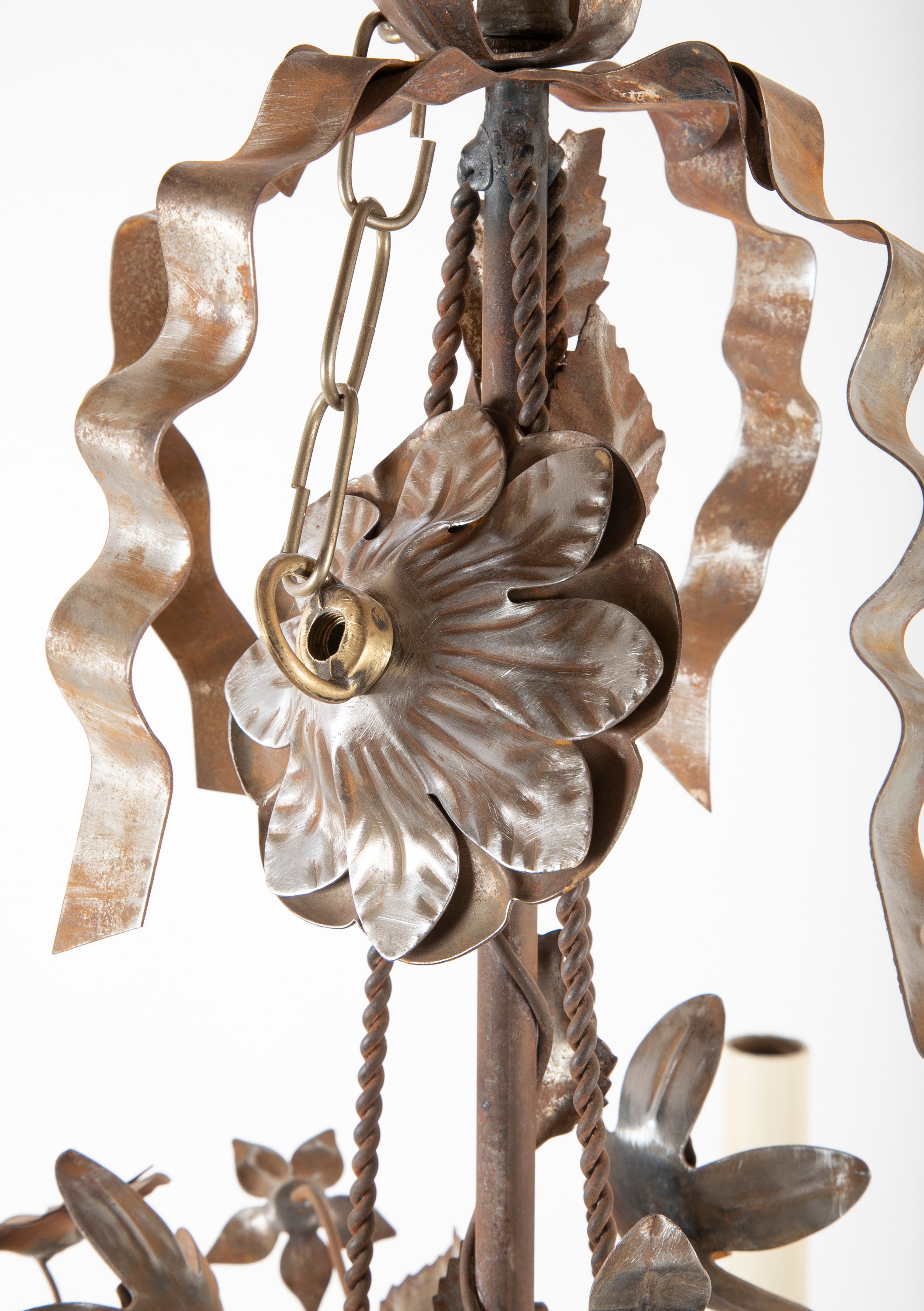 Vintage Steel Floral Chandelier with Basket, Bow Knots and Ribbons