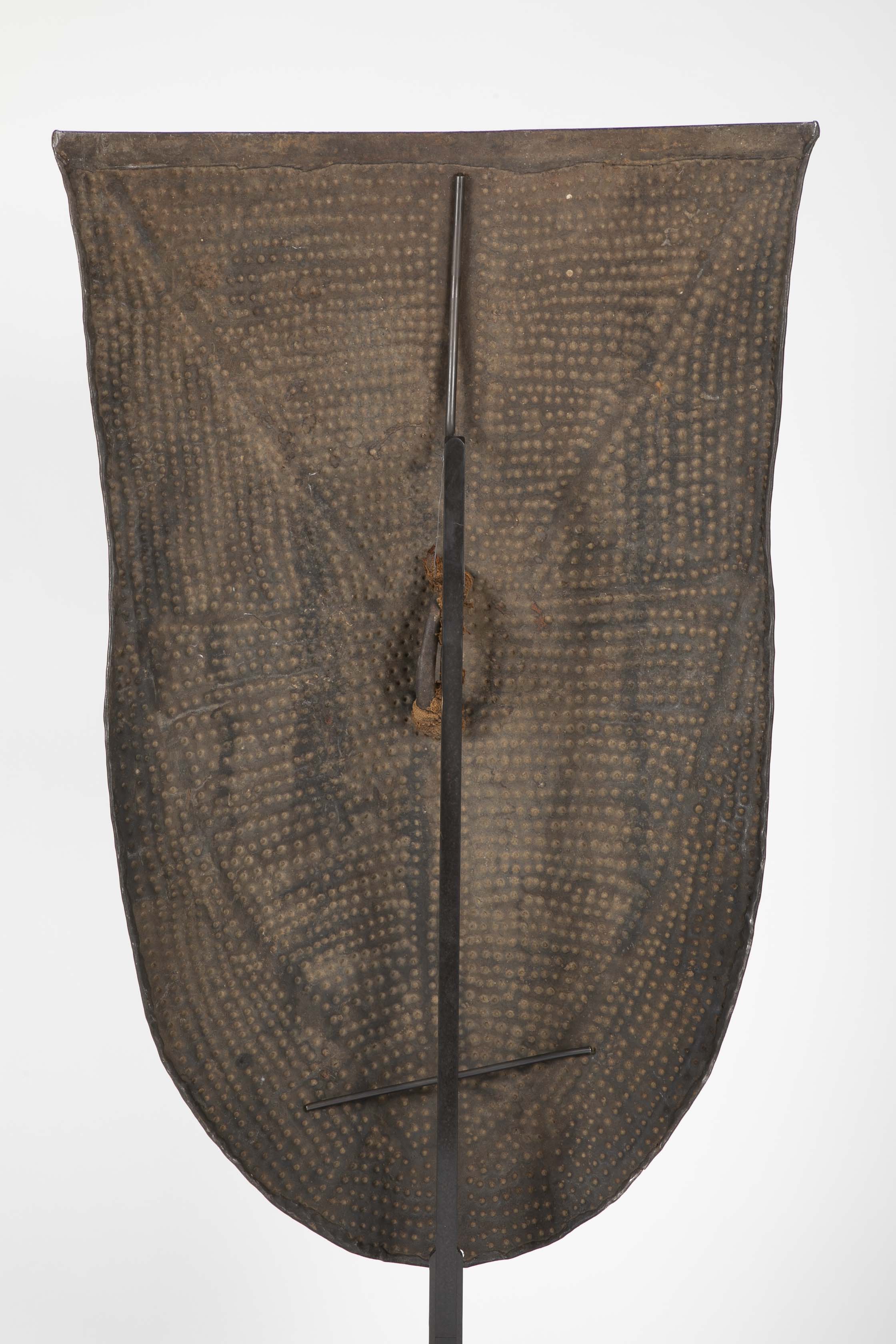 Embossed Metal Kirdi Shield from Cameroon on Bronze Stand