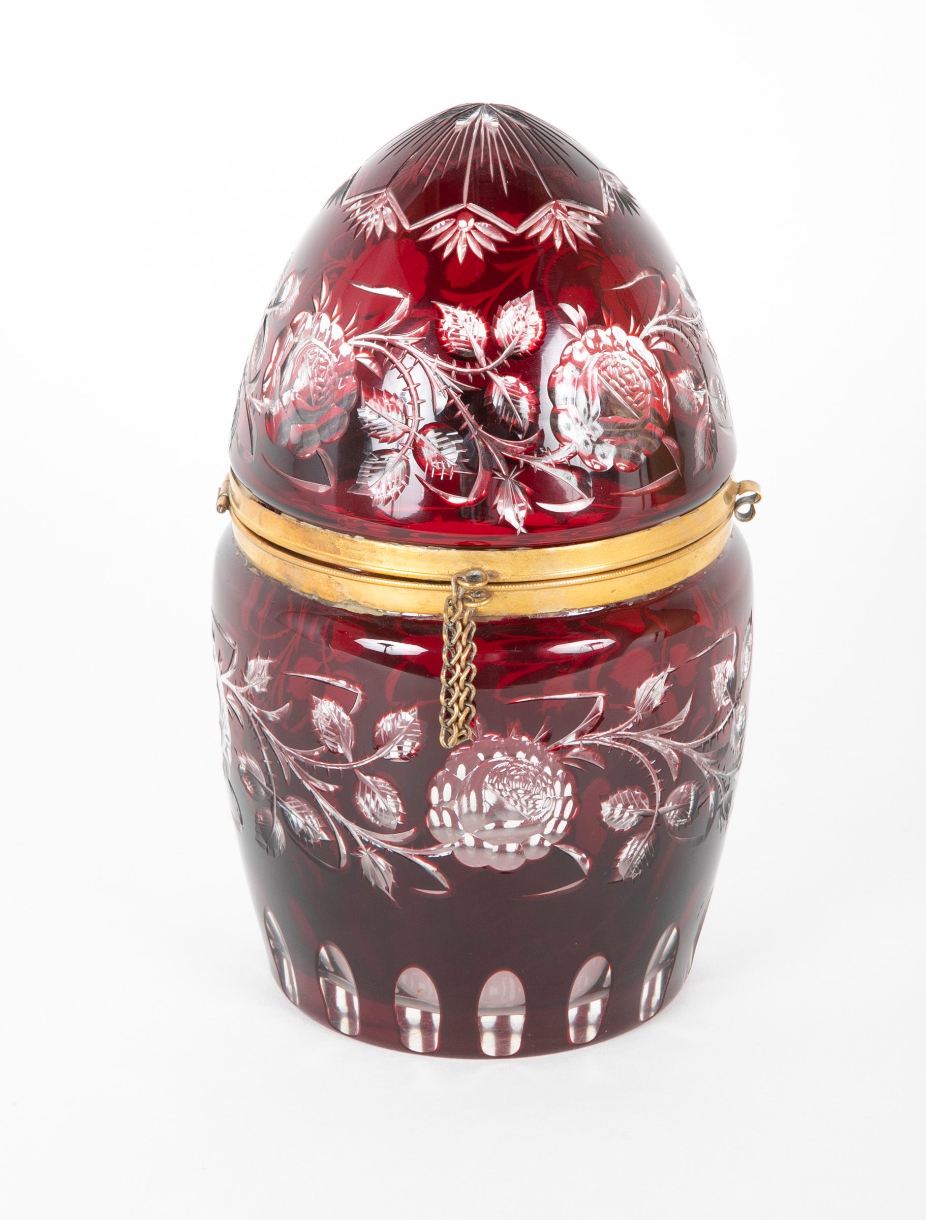 19th Century Antique Cut Clear to Red Egg Shape Glass Box