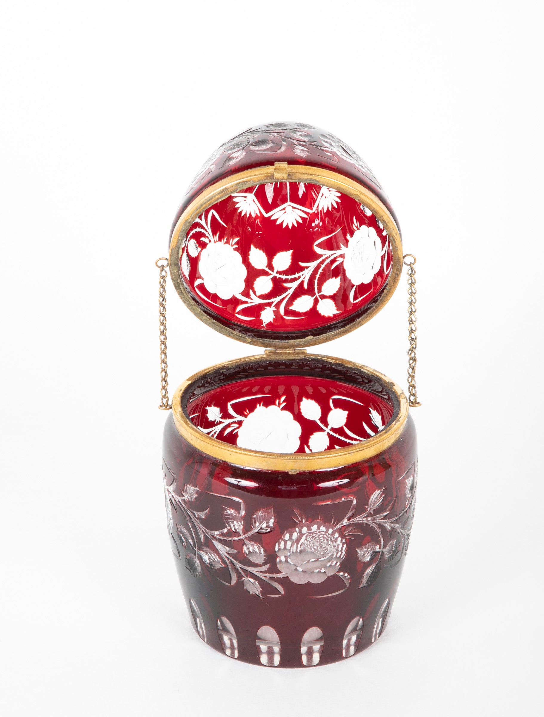 19th Century Antique Cut Clear to Red Egg Shape Glass Box