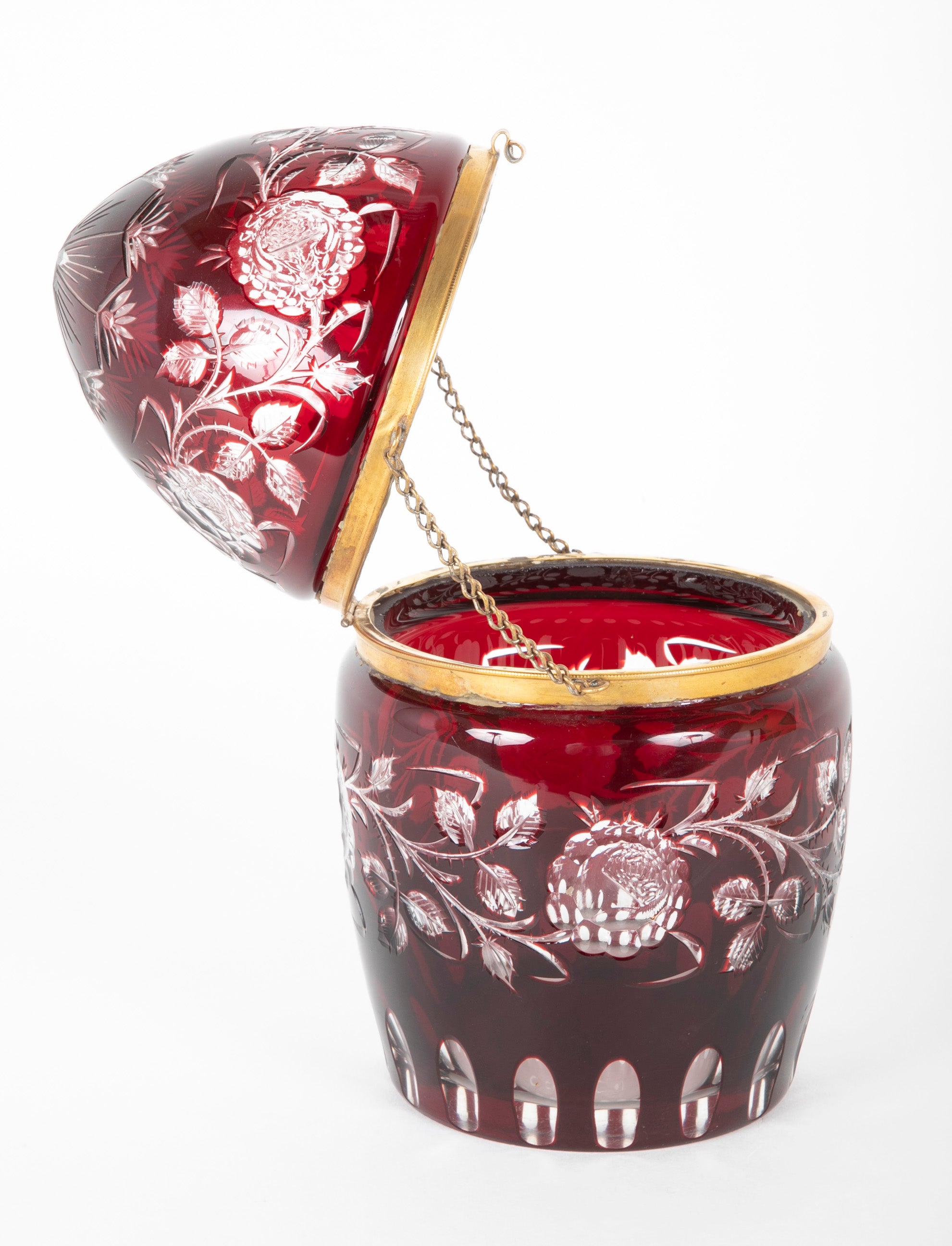 19th Century Antique Cut Clear to Red Egg Shape Glass Box