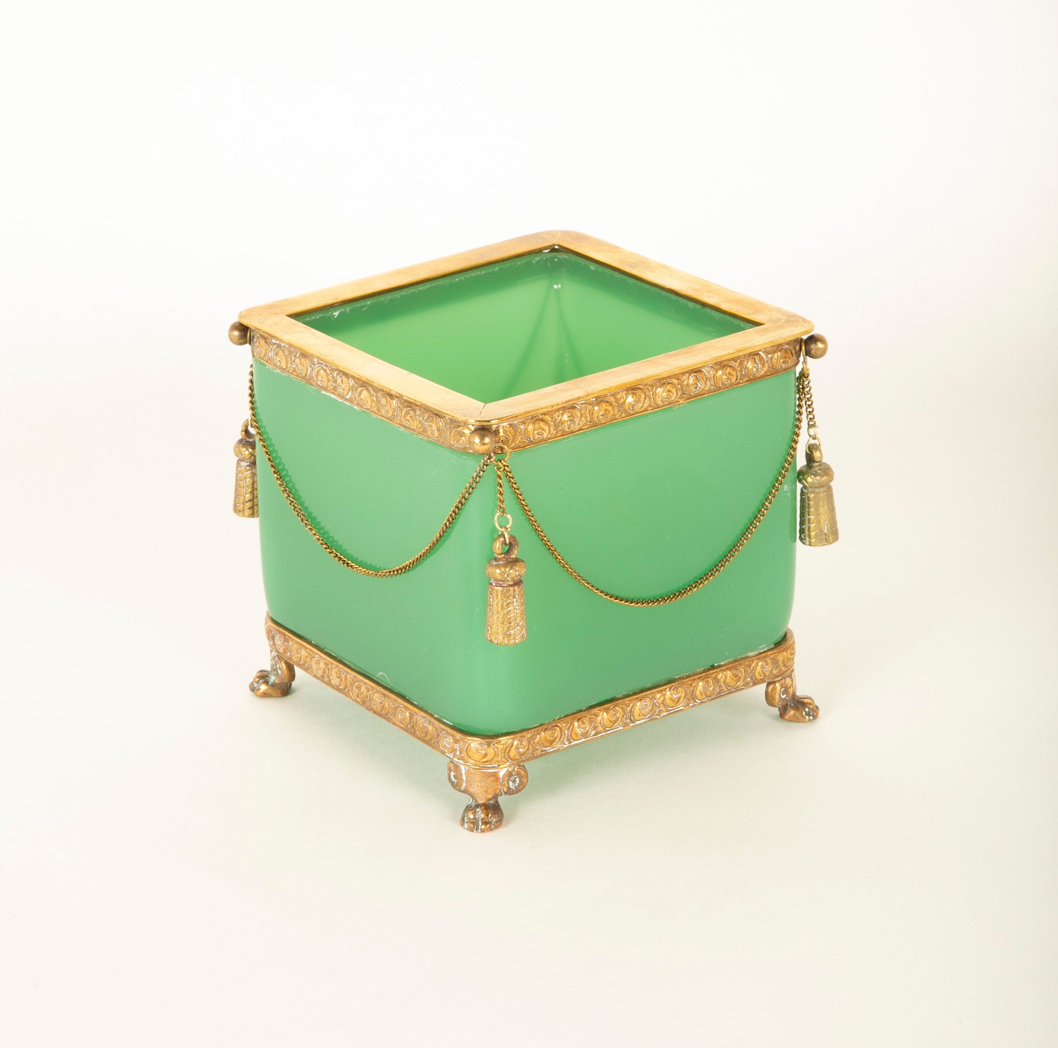 Apple Green Opaline Glass Cachepot with Gilt Bronze Swag Decoration & Feet
