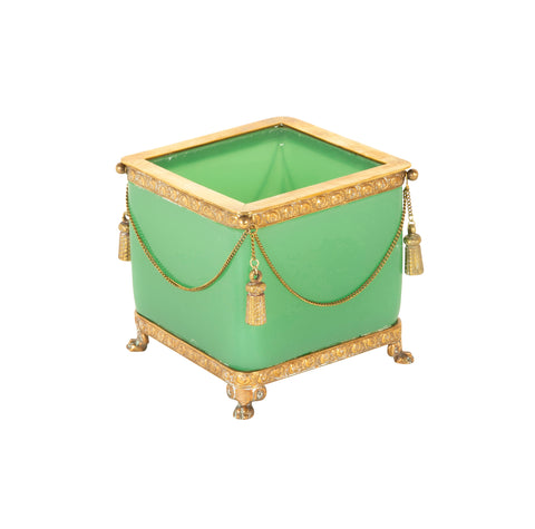 Apple Green Opaline Glass Cachepot with Gilt Bronze Swag Decoration & Feet