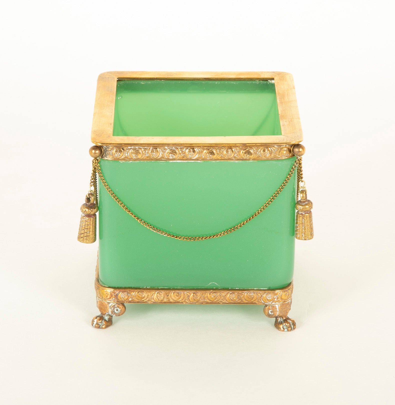 Apple Green Opaline Glass Cachepot with Gilt Bronze Swag Decoration & Feet