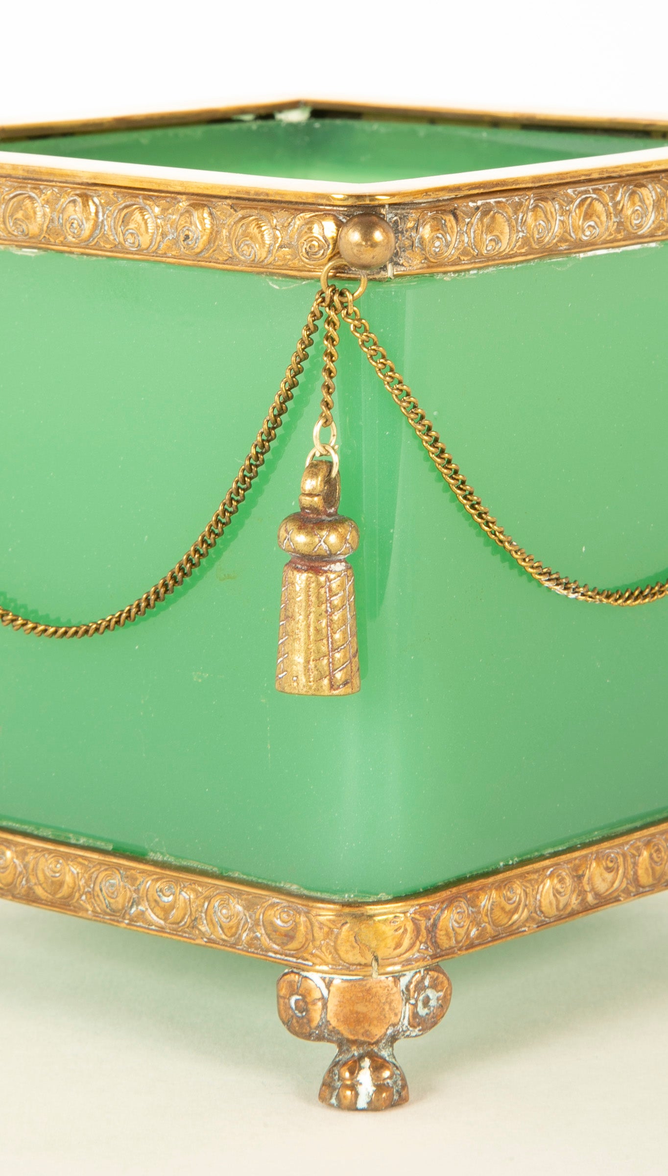 Apple Green Opaline Glass Cachepot with Gilt Bronze Swag Decoration & Feet