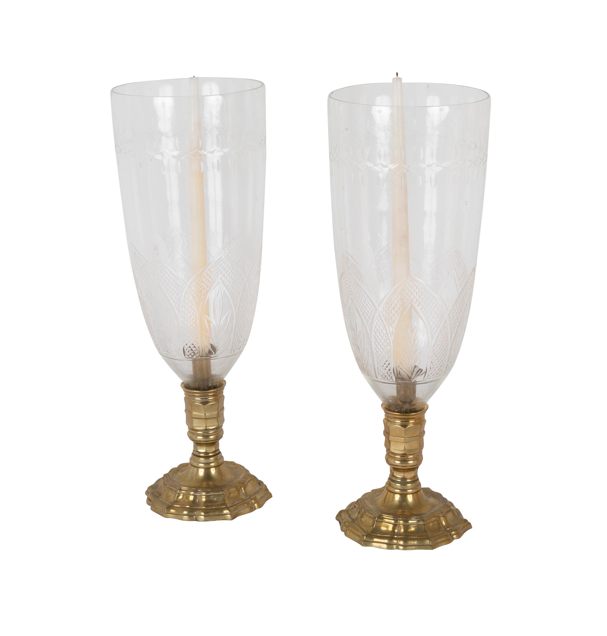A Pair of French Bronze Photophores with Engraved Hurricane Shades