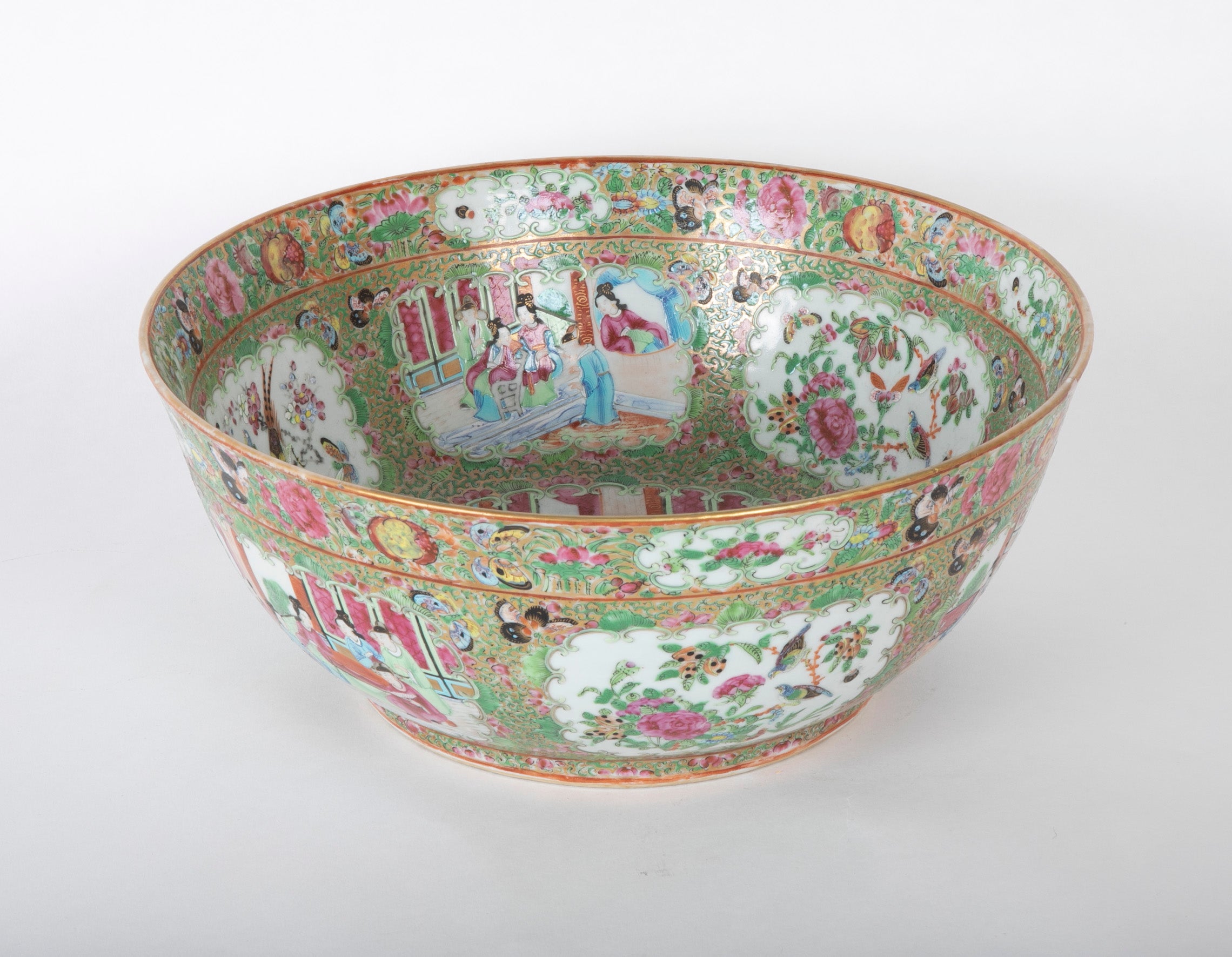 A Large Rose Medallion Punch Bowl with Rare Painted Panels