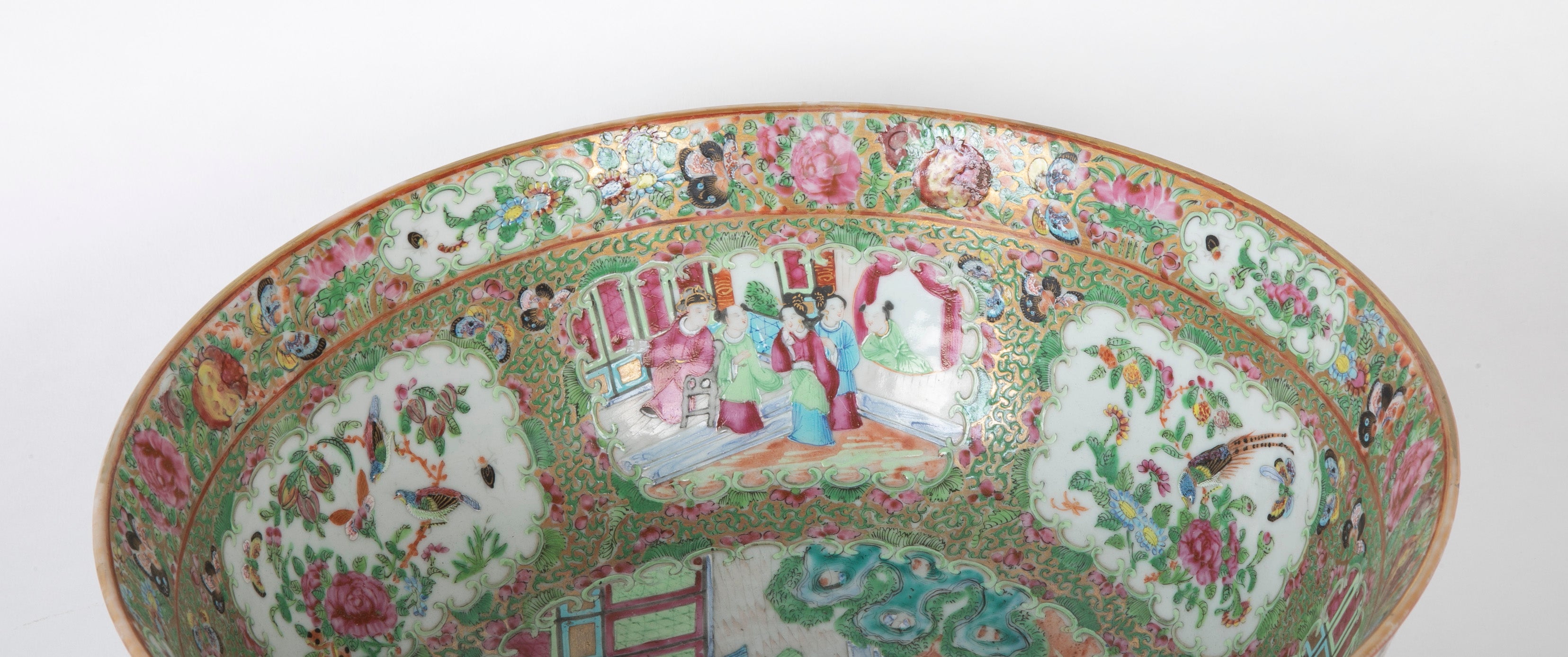 A Large Rose Medallion Punch Bowl with Rare Painted Panels